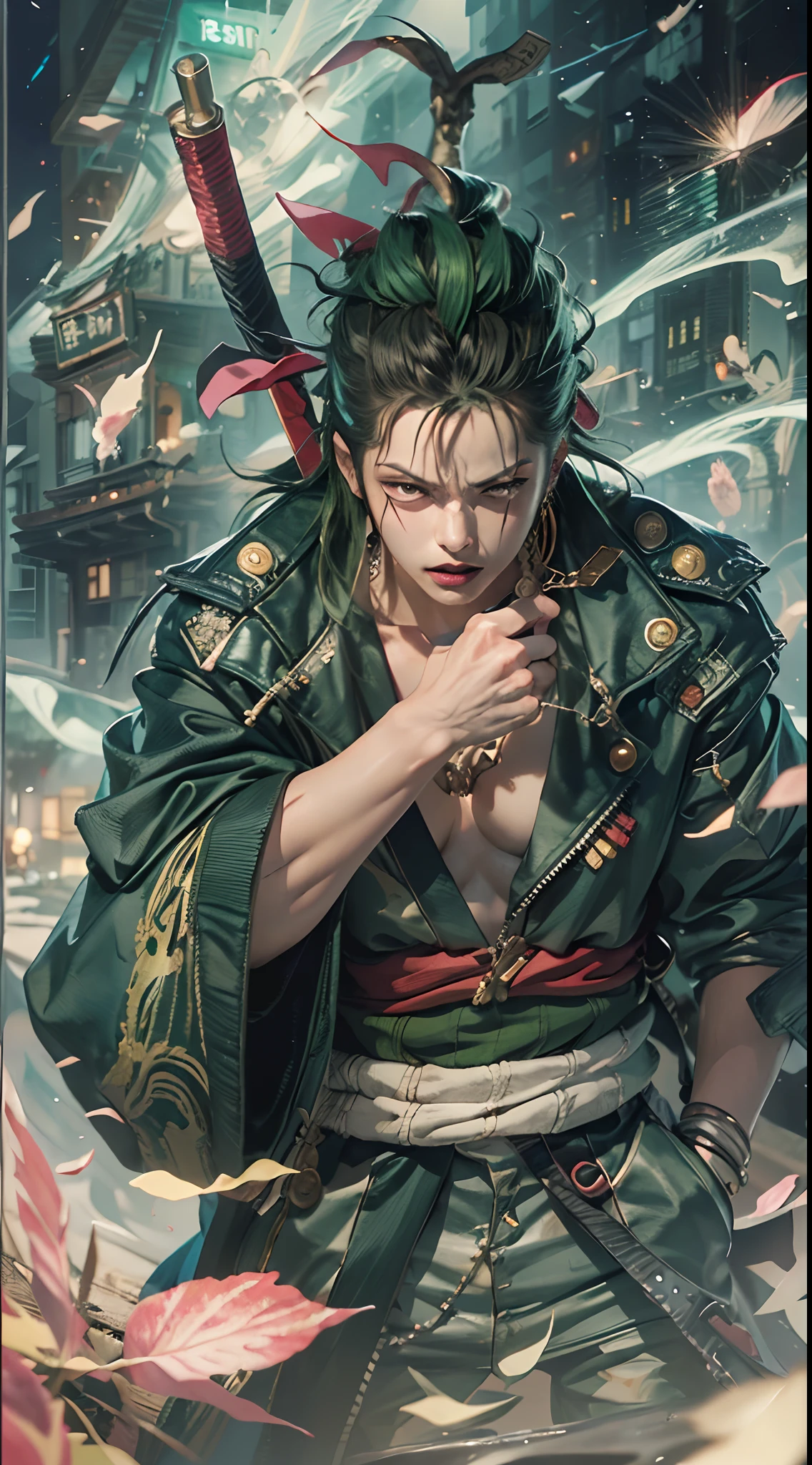 Personaje de anime con cabello verde con cicatriz en el ojo izquierdo sosteniendo 3 espadas 1 con la boca,kimono,japones,espadas legendarias japonesas,3 pendientes de oro, Roronoa Zoro, de una sola pieza, Ilustraciones HD, Chico guapo en el arte de Demon Slayer, Badass Anime 8K, Arte de Kentaro Miura, Okab Rintarou, Pixiv, advanced digital anime art ”, Fanart de alta calidad, Fan Art, por Shitao, Kakyoin