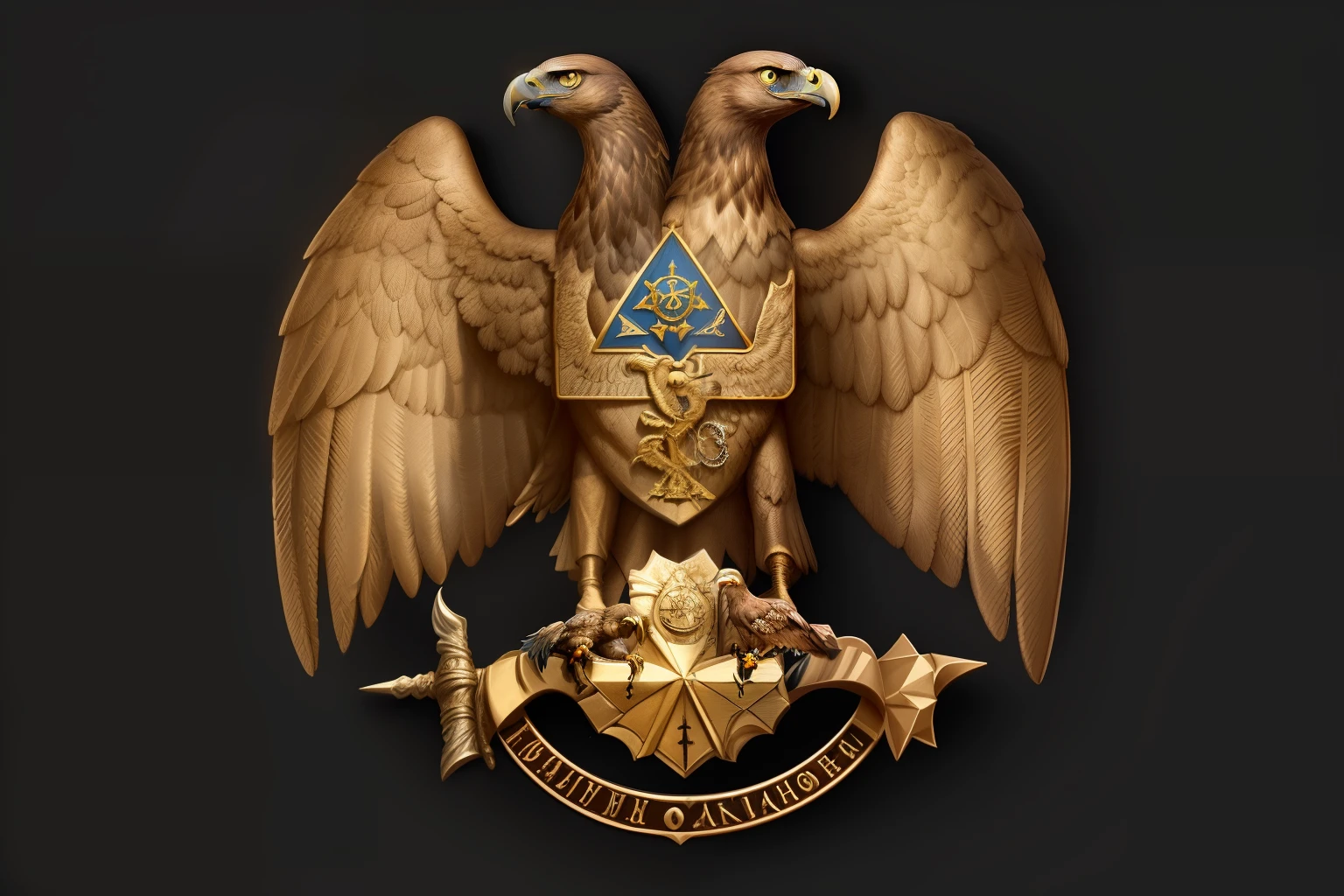 A closeup of a golden eagle with two heads, uma olhando para esquerda e outra olhando para direita, com uma espada em um fundo preto, with an eagle emblem, inspirado em Cedric Seaut (Pedreiros Keos), inspirado em Pedreiros Keos, masonic, freemasons, freemason symbol, Directed by: Cedric Seaut (Pedreiros Keos), insignia, Sociedade Secreta do Imperador, por Pedreiros Keos, masonic symbols, imperial symbol, masonic art