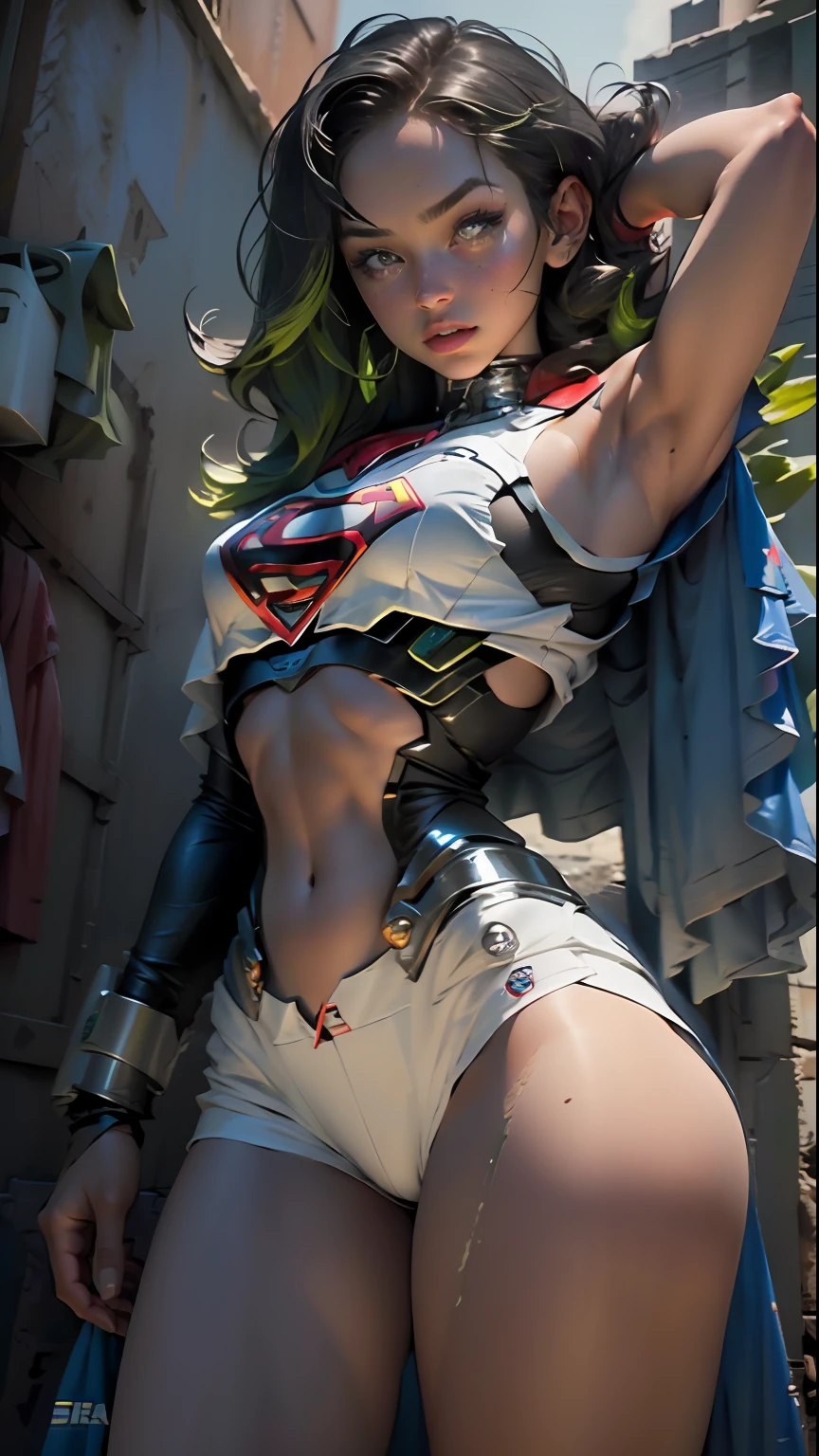 Supergirl's body defined thick thighs and cybernetic body parts, short underwear, (((morena com olhos verdes))), Superman S symbol on the chest, ((cabelo comprido)), 1 girl