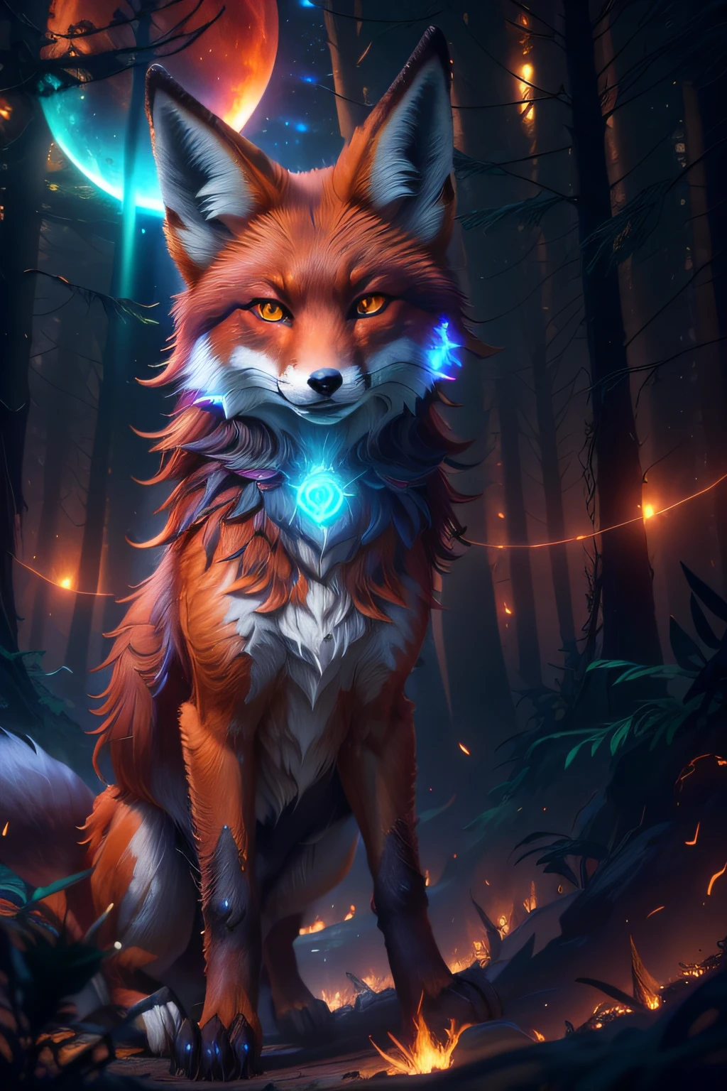 ((Shapeshifter dark red druid Mage Fox)), D&D, artstation, fantasy, magic the gathering artwork, cinematic lighting, centered, symmetrical, highly detailed, digital painting, , concept art, smooth, sharp focus, volumetric lighting, epic Composition, 8k, cgsociety, (detailed fur),standing in the middle of a (Enchanted forest:1.2),epic fantasy character,fantasy art, Shadows,destroyed trees, ruined forest, dark colors,fire flies,contrast,texture,realism,high quality, film grain,insane details, intricate details, hyperdetailed, soft cinematic light,adobe lightroom, photolab, intricate, highly detailed, muted colors, insane details, hyperdetailed, soft cinematic light, photolab, intricate,4K,8K,16K, UHD, highres, (8k wallpaper), film photo, De-Noise, f 5.6 , 85mm,Amazing photography ,dynamic compositon,Cinematic, shallow depth of field, Sharp focus, (extremely detailed CG unity 8k wallpaper), high detail, hdr, ultra realistic, detailed background, ((illustration)), (((masterpiece))), ((best quality)), (High resolution),photo-realistic,professional lighting,vibrant, film still, realistic proportions,raw,35mm,1/1250s, f/2.8, ISO 400, photograph, Eye detail, eye contact,(beautiful detailed fox eyes),((illustration)),(looking at viewer), ((night sky)),((fantasy)), RTX, Raytracing,((glowing particles in the air)),Fire in the background,electrical storm,deep shadow,vibrant colors, ominous atmosphere,vivid details, Moon light,(Ori and the Blind Forest),(ori and the will of the wisps), beautiful fur, (beautiful fox eyes), (almond-shaped eyes),portrait,beautiful fox paws,