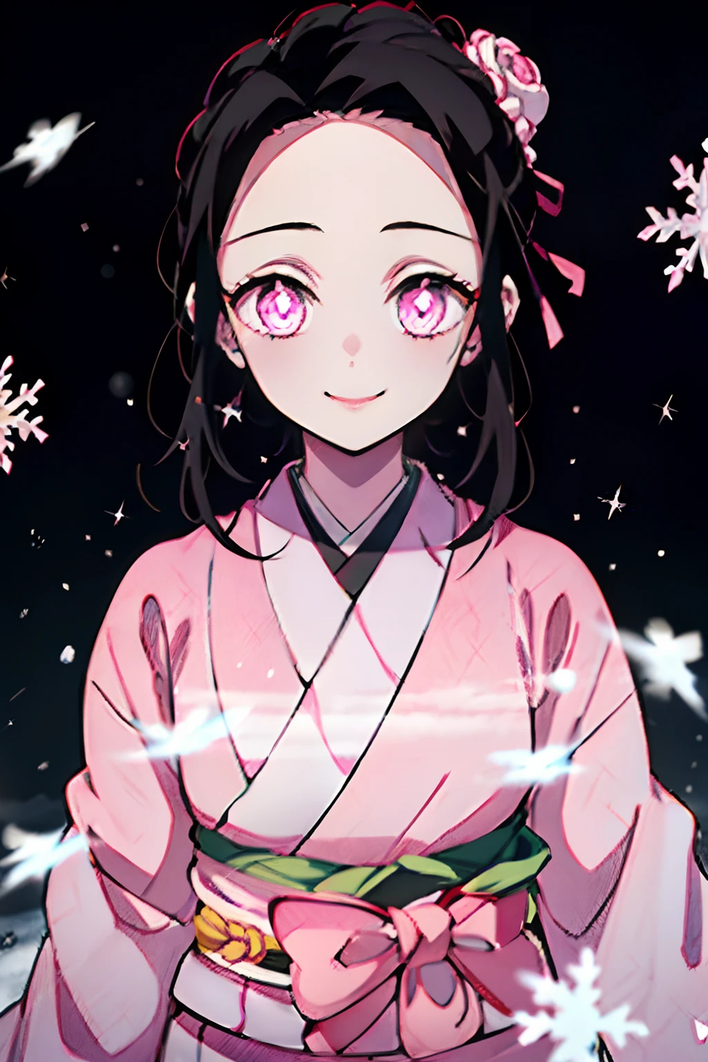 Kimetsu no Yaiba style, 1girl, 独奏, Smile, pink eyes, white pupils in the shape of flowers, black  hair, hair gathered in a bun, Fastened with a stud,  pink kimono, Obi Belt,   ((portraite of a)), snowing, Drifts, dark sky, Snowflakes are falling, (tmasterpiece), (beste-Qualit), (overdetalization),(messy  hair),(illustartion), (a 1girl), (trendy clothes), stands, Model, looks at the viewer, (interview), (Simple background), beautiful detail eyes, Gentle beautiful face, soaring, (high saturation), (Colorful splashes), Colorful Bubble, (radiance), facial focus, (radiance), better lighting, better shadow, (tmasterpiece, hiquality, beste-Qualit)