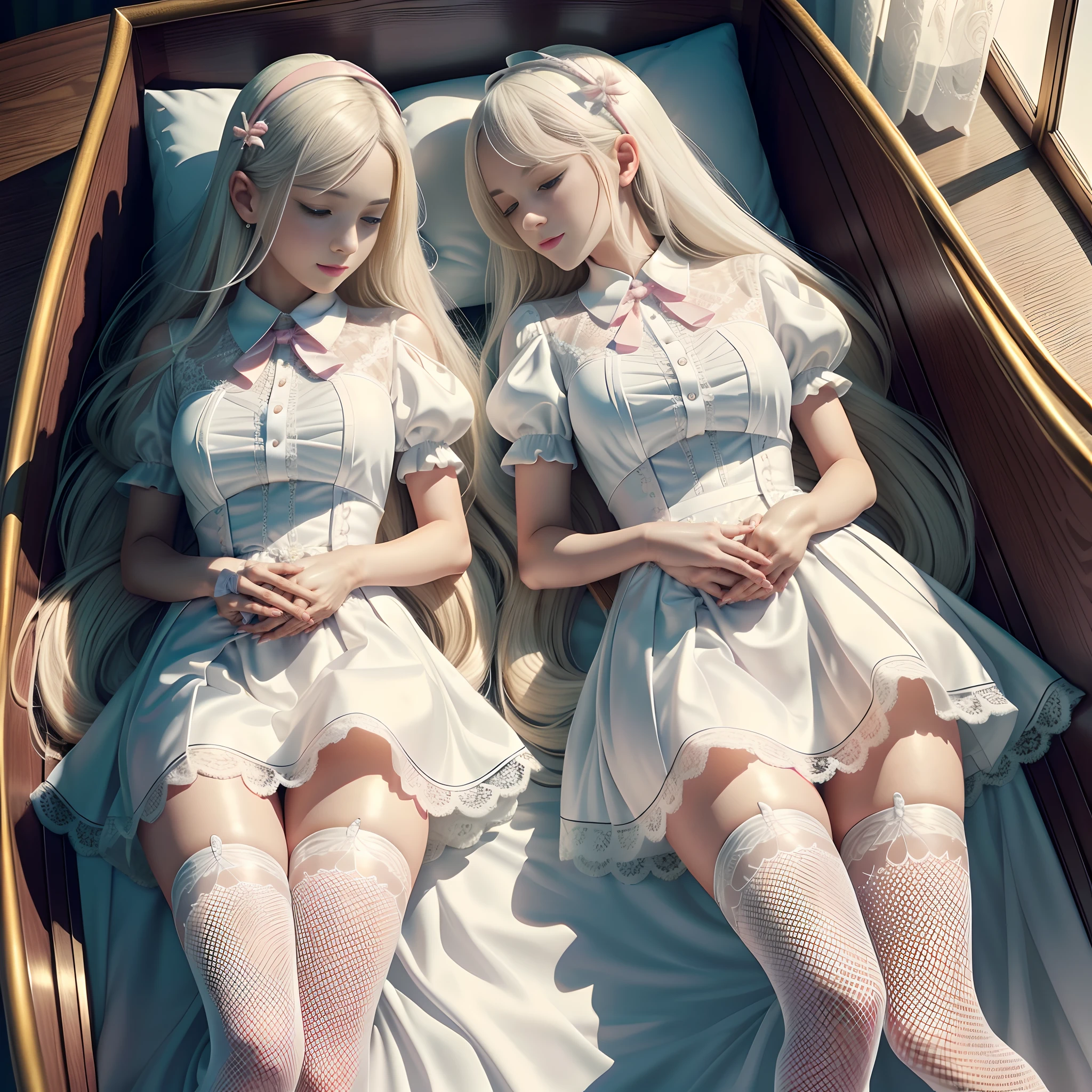 Beautiful twin sisters sleeping in a coffin,Evening wear,White cotton socks,The older sister wears Blue Mary Jane shoes,The younger sister wears pink Mary Jane shoes,Real Human,serene,florals,Royal Sister,A masterpiece of surrealism,Cute, Perfect body, Perfect hair, In the mansion, 8K, fold hands to chest,Detailed and Intrincicate,Lace pattern, detailed beautiful skin, (Kind smile:1.0), ( Long platinum blonde hair:1.2), finely detailed, ribbon, (Detailed praying mantis), Detailed beautiful white shiny skin,Pink stockings,dapper,Wearing a short skirt,fully body photo,Positive perspective,(White shirt:1.2), (Masterpiece), (Photorealistic: 1.3), (Lying on the table: 1.8) , Super detail, (fine skin detail: 1.2), (Best: 1.0), (Super fine: 1.0),
