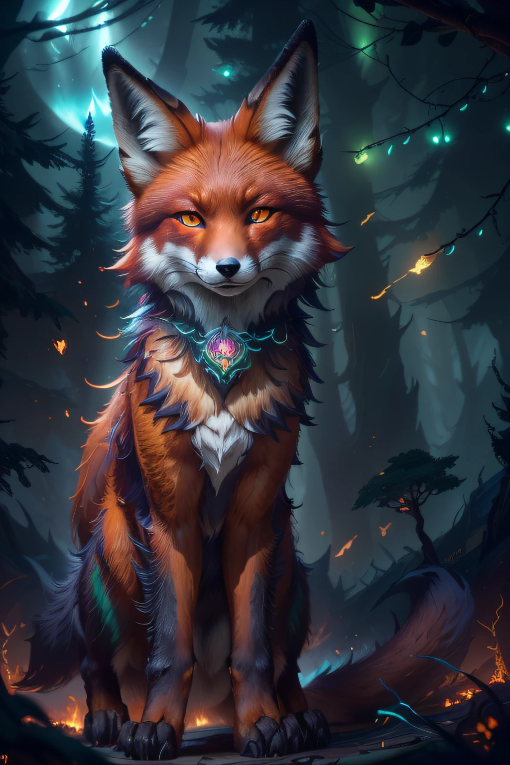 ((Shapeshifter dark red druid Mage Fox)), D&D, artstation, fantasy, magic the gathering artwork, cinematic lighting, centered, symmetrical, highly detailed, digital painting, , concept art, smooth, sharp focus, volumetric lighting, epic Composition, 8k, cgsociety, (detailed fur),standing in the middle of a (Enchanted forest:1.2),epic fantasy character,fantasy art, Shadows,destroyed trees, ruined forest, dark colors,fire flies,contrast,texture,realism,high quality, film grain,insane details, intricate details, hyperdetailed, soft cinematic light,adobe lightroom, photolab, intricate, highly detailed, muted colors, insane details, hyperdetailed, soft cinematic light, photolab, intricate,4K,8K,16K, UHD, highres, (8k wallpaper), film photo, De-Noise, f 5.6 , 85mm,Amazing photography ,dynamic compositon,Cinematic, shallow depth of field, Sharp focus, (extremely detailed CG unity 8k wallpaper), high detail, hdr, ultra realistic, detailed background, ((illustration)), (((masterpiece))), ((best quality)), (High resolution),photo-realistic,professional lighting,vibrant, film still, realistic proportions,raw,35mm,1/1250s, f/2.8, ISO 400, photograph, Eye detail, eye contact,(beautiful detailed fox eyes),((illustration)),(looking at viewer), ((night sky)),((fantasy)), RTX, Raytracing,((glowing particles in the air)),Fire in the background,electrical storm,deep shadow,vibrant colors, ominous atmosphere,vivid details, Moon light,(Ori and the Blind Forest),(ori and the will of the wisps), beautiful fur, (beautiful fox eyes), (almond-shaped eyes),portrait,beautiful fox paws,