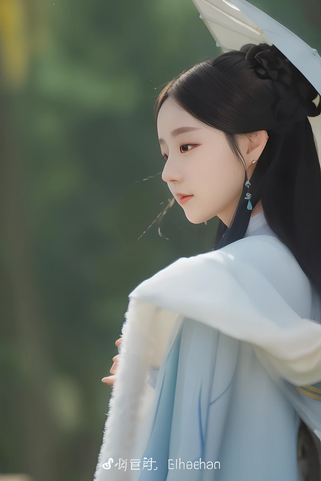 wearing blue dress，Arad woman with white umbrella, Palace ， A girl in revealing dress in Hanfu, Xianxia, White Hanfu, Inspired by Huang Ji, Inspired by Tang Yifen, xianxia fantasy, shaxi, Hanfu, a still of an ethereal, heise-lian yan fang, Li Zixin, inspired by Gu An