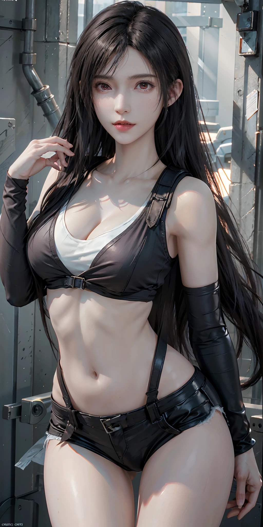 photorealistic, high resolution, soft light,1women, solo, hips up, (detailed face),tattoo, jewelry, tifa lockhart, red_eyes, black hair, long hair