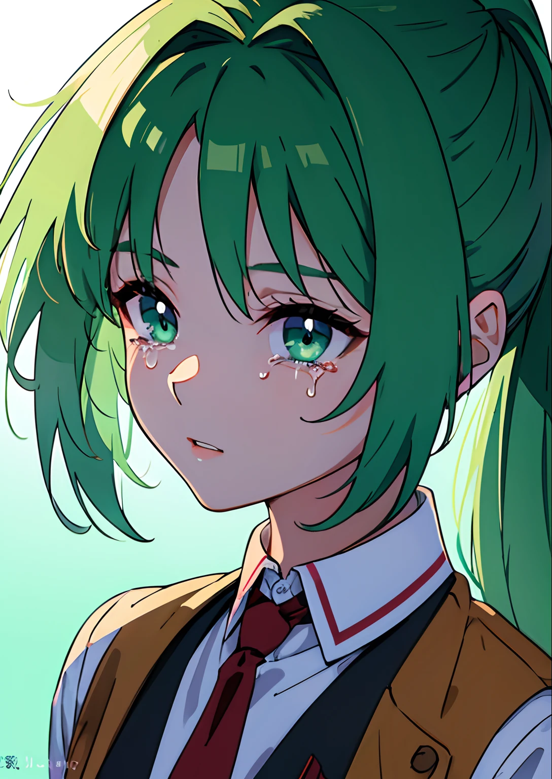 1girl, pony tail, green hair, (Long hair), Green eyes, school uniform, shirt with collar, red tie, yellow waistcoat, open vest, tears on my face, (tmasterpiece), (beste-Qualit), (overdetalization),(messy hair),(illustartion), (a 1girl), (trendy clothes), stands, Model, looks at the viewer, (interview), (Simple background), beautiful detail eyes, Gentle beautiful face, soaring, (high saturation), (Colorful splashes), Colorful Bubble, (radiance), facial focus, (radiance), better lighting, better shadow, (tmasterpiece, hiquality, beste-Qualit)