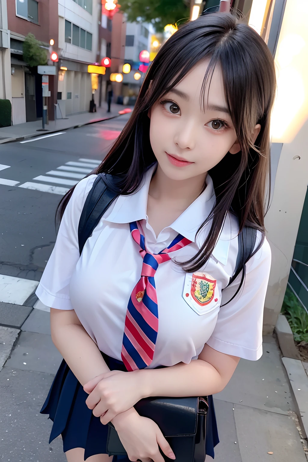 masutepiece, Hyper realistic, 8K, Bokeh, Fire Luminescent,hi-school girl、in school uniform、Cute face、Standing on a street corner in Shibuya、