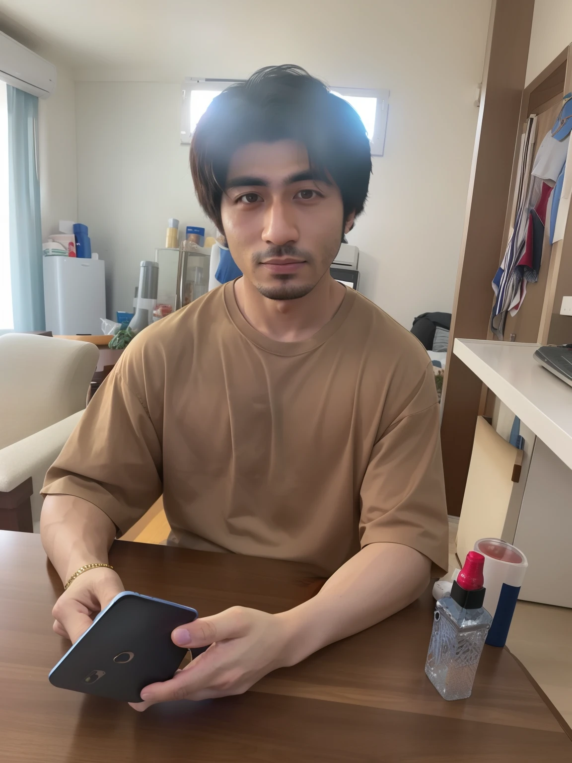 Arab asian man sitting at table with mobile phone, taken with sony alpha 9, in a japanese apartment, He is about 2 , high quality picture, he is about 20 years old, He is about 2 0 years old, he is holding a smartphone, 8K!, 8K!!