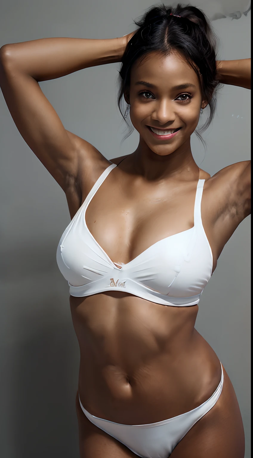 ((The darkest skin!、Very black glowing skin, shiny black skin!、Pitch black skin like a black man!、Make the skin pitch black!、Pitch black armpit skin!、Realistic armpit wrinkles、improve the appearance of armpits、Armpit、Take a pose with armpits visible、Armpit close-up、Upper body close-up、Armpit close-up、Detailed black shiny armpits、Realistic black shiny armpits、Detailed armpit wrinkles、Brown High Ponytail Hairstyle、Brown hair、full of sweat、Black detailed black armpits、Very black skin color、Caucasian and half-very dark-skinned woman、Black skin beauty、Black skin、Glossy armpits、Stand in the woods and show your armpits、Dark-skinned woman in white bikini, Sexy hot body, Smiling))、(High ponytail hairstyle、brown haired、Caucasian and very black dark-skinned woman、8K、Caucasians with very dark skin)gorgeous bikini model, Sexy body, Sexy body and face, White Bikini, -yeld fee model, ((Dark-skinned woman with Caucasian features))、((Upper body close-up、Woman with dark skin))、Photorealistic perfect body, Standing normally、Normal standing armpit pose、closeup picture, Best Quality, Armpits, Arms up, White bra、 at a forest、Realistic, 8K、Glossy armpits