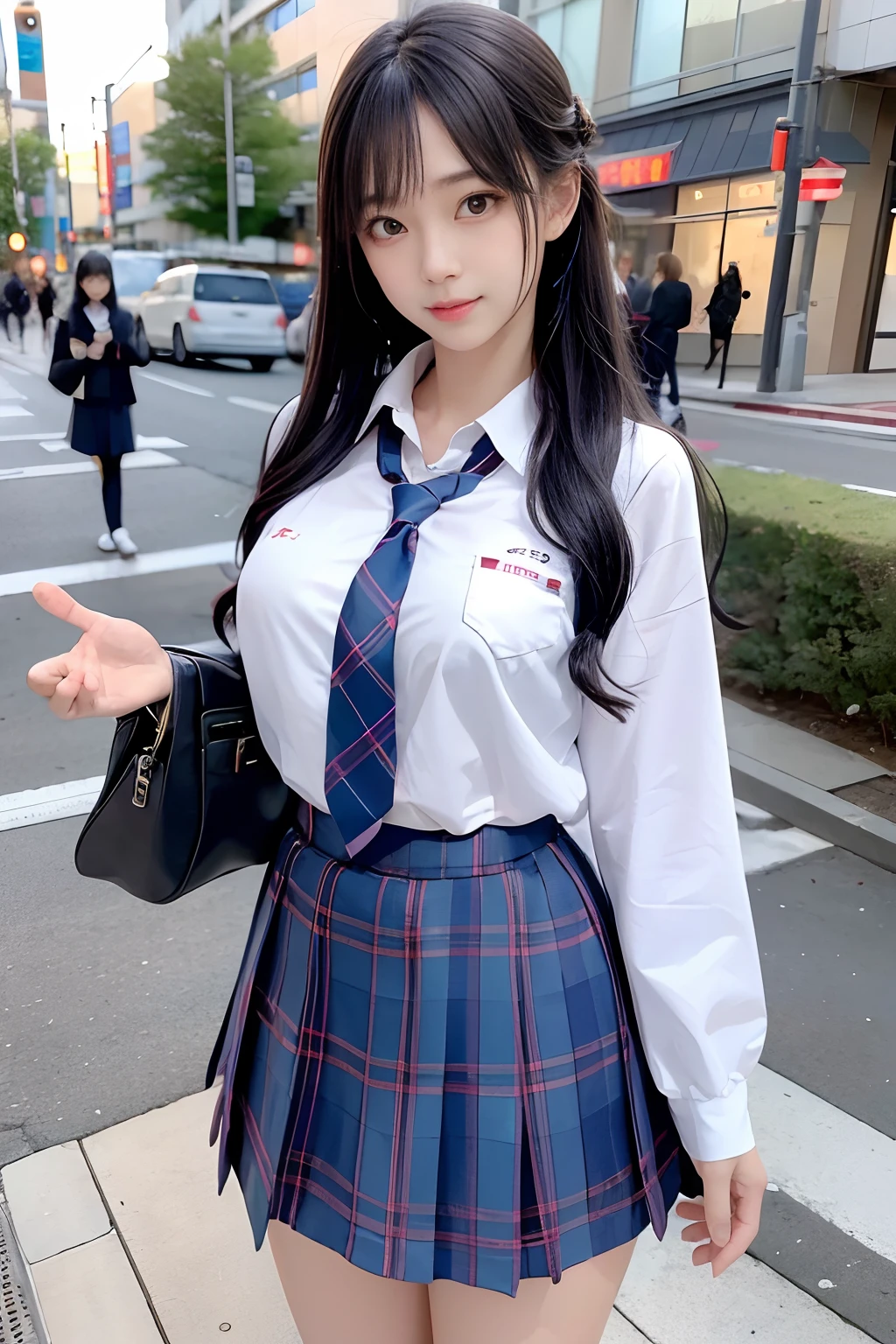 masutepiece, Hyper realistic, 8K, Bokeh, Fire Luminescent,hi-school girl、in school uniform、Cute face、Standing on a street corner in Shibuya、