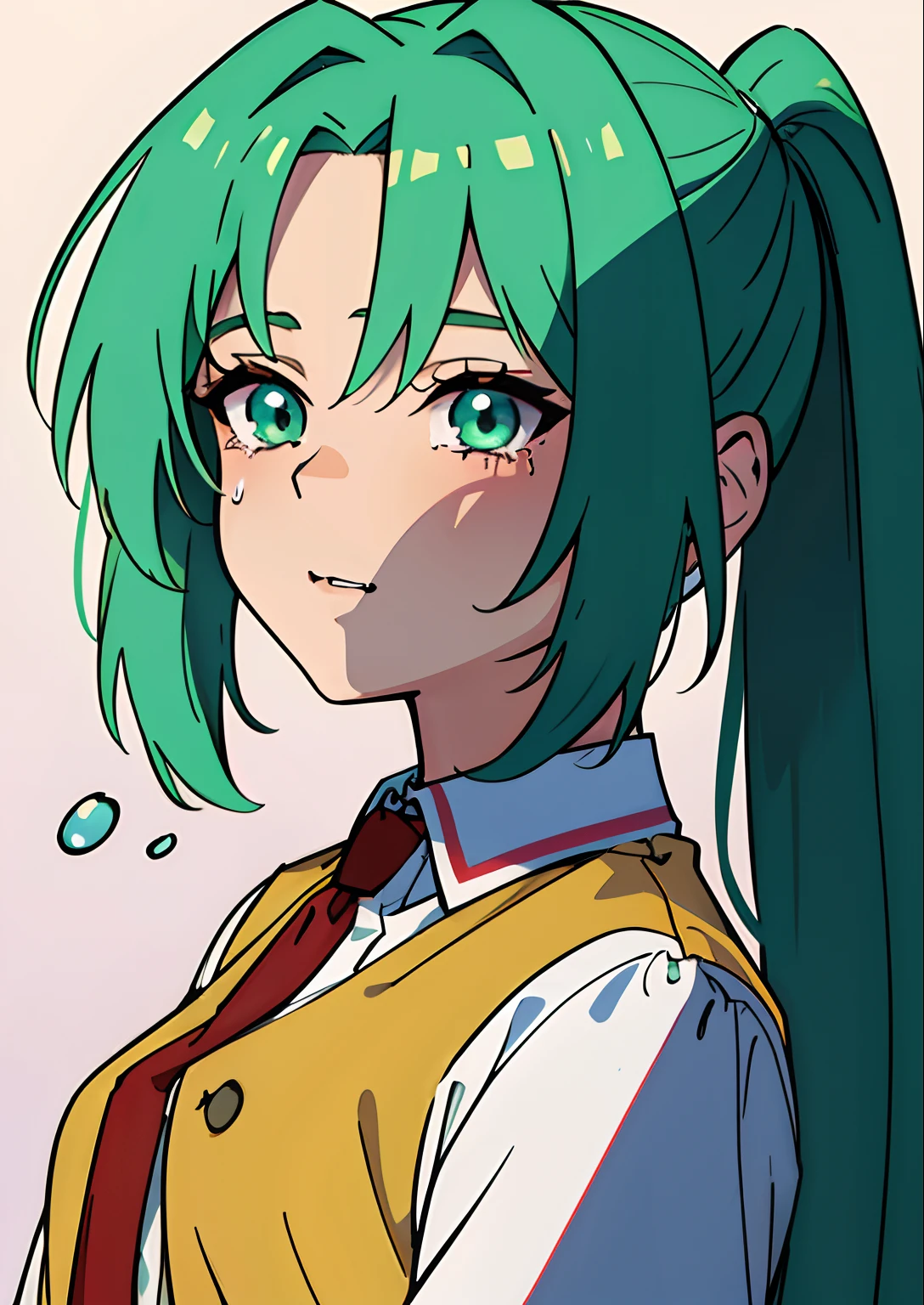 1girl, pony tail, green hair, (Long hair), Green eyes, school uniform, shirt with collar, red tie, yellow waistcoat, open vest, tears on my face, (tmasterpiece), (beste-Qualit), (overdetalization),(messy hair),(illustartion), (a 1girl), (trendy clothes), stands, Model, looks at the viewer, (interview), (Simple background), beautiful detail eyes, Gentle beautiful face, soaring, (high saturation), (Colorful splashes), Colorful Bubble, (radiance), facial focus, (radiance), better lighting, better shadow, (tmasterpiece, hiquality, beste-Qualit)