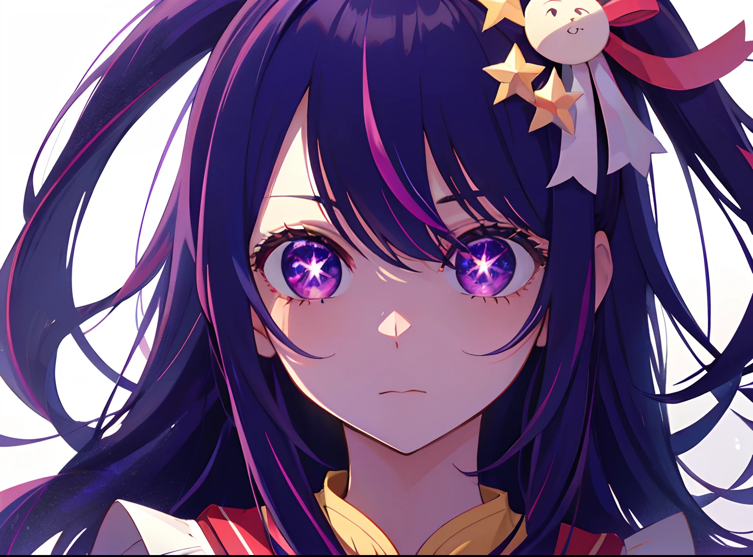 1girl, Hoshino Ai, Long hair, purple hair, Streaked Hair ,violet eyes, star-shaped pupils, hair ornament, (tmasterpiece), (beste-Qualit), (overdetalization),(messy hair),(illustartion), (a 1girl), (trendy clothes), stands, Model, looks at the viewer, (interview), (Simple background), beautiful detail eyes, Gentle beautiful face, soaring, (high saturation), (Colorful splashes), Colorful Bubble, (radiance), facial focus, (radiance), better lighting, better shadow, (tmasterpiece, hiquality, beste-Qualit),
