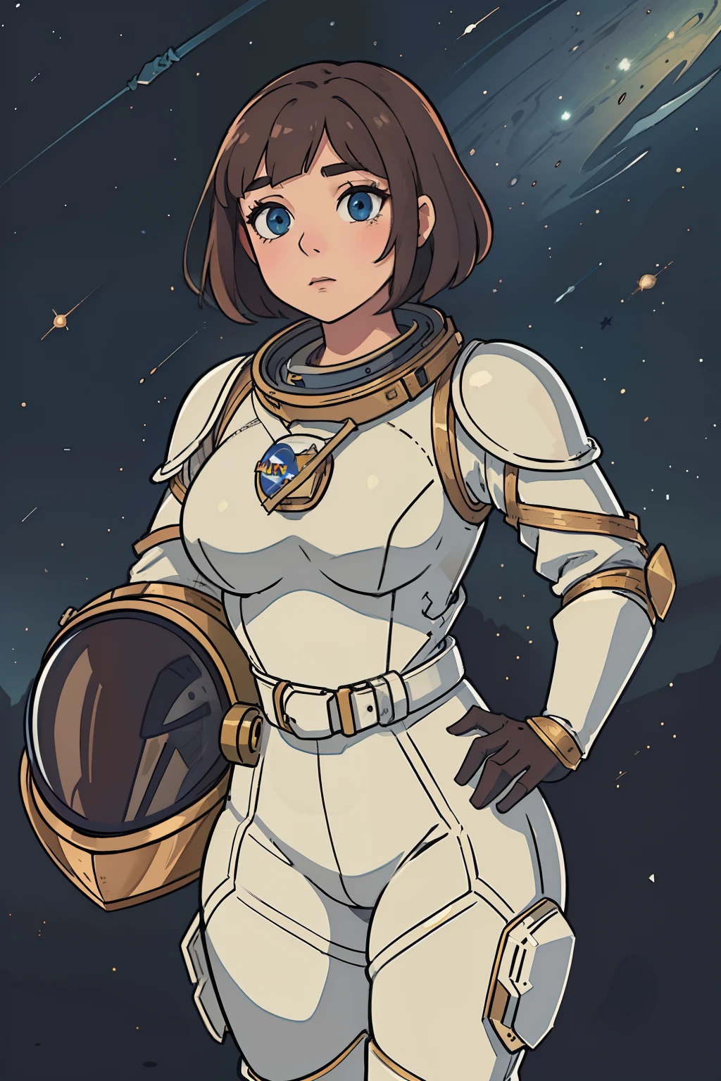 professional artwork, detailed eyes, beautiful eyes, beautiful face, flawless face, gorgeous face, smooth features, blush, large breast, thick thighs, wide hips, short hair, unhelmeted head, beautifully detailed background, woman in armored space suit holding space helmet in her hands, space suit looks like knight armor, nasa, nasa punk, nasapunk, astronaut, medieval knight, knight armor, leather armor, metal armor, nasa space suit, cosmonaut, mechanical background, sci fi, fantasy armor, full plate armor, medieval armor, rustic material, heavy stitching, thick leathers, natural materials, rustic craftsmanship