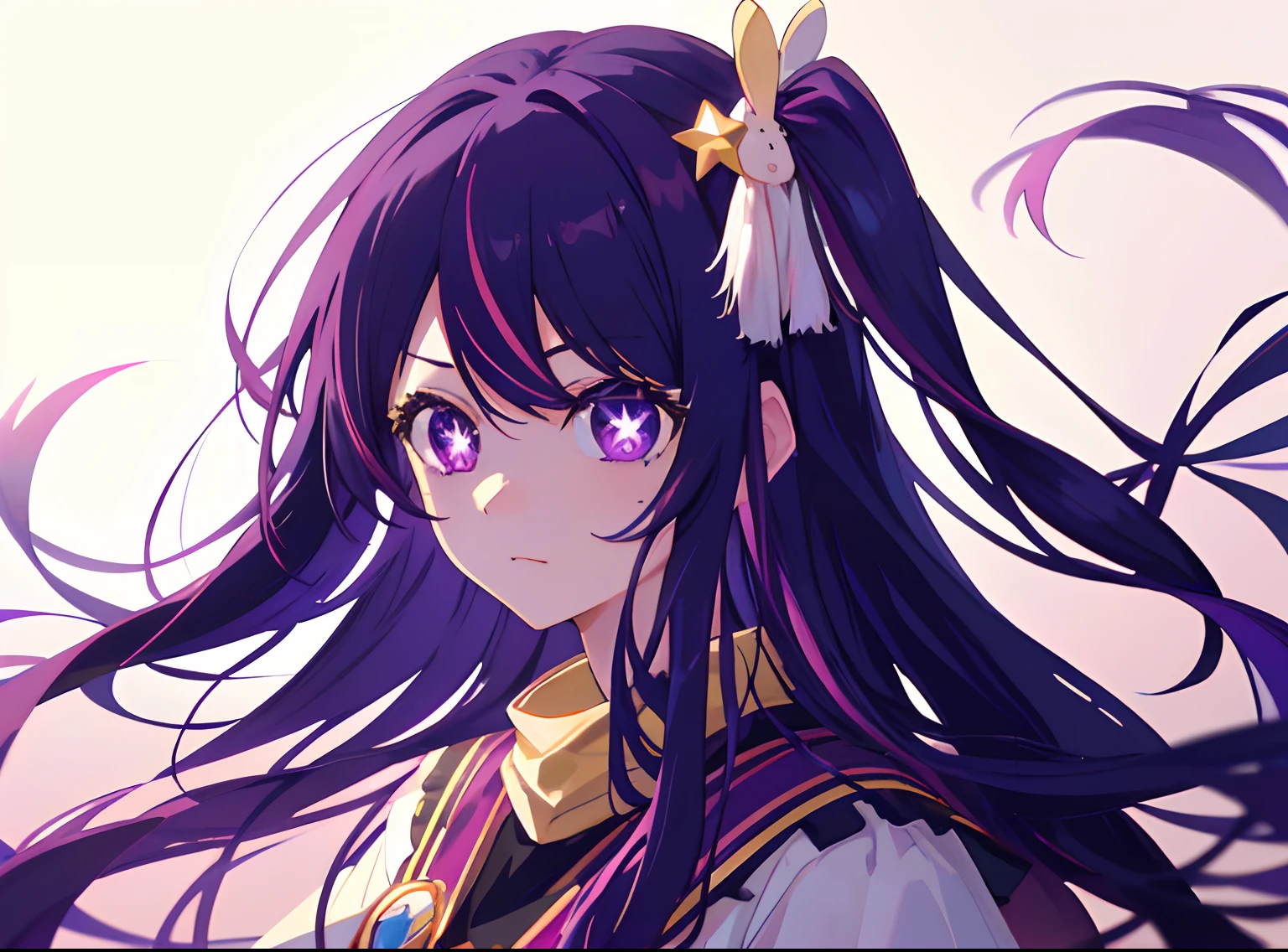 1girl, Hoshino Ai, Long hair, purple hair, Streaked Hair ,violet eyes, star-shaped pupils, hair ornament, (tmasterpiece), (beste-Qualit), (overdetalization),(messy hair),(illustartion), (a 1girl), (trendy clothes), stands, Model, looks at the viewer, (interview), (Simple background), beautiful detail eyes, Gentle beautiful face, soaring, (high saturation), (Colorful splashes), Colorful Bubble, (radiance), facial focus, (radiance), better lighting, better shadow, (tmasterpiece, hiquality, beste-Qualit),
