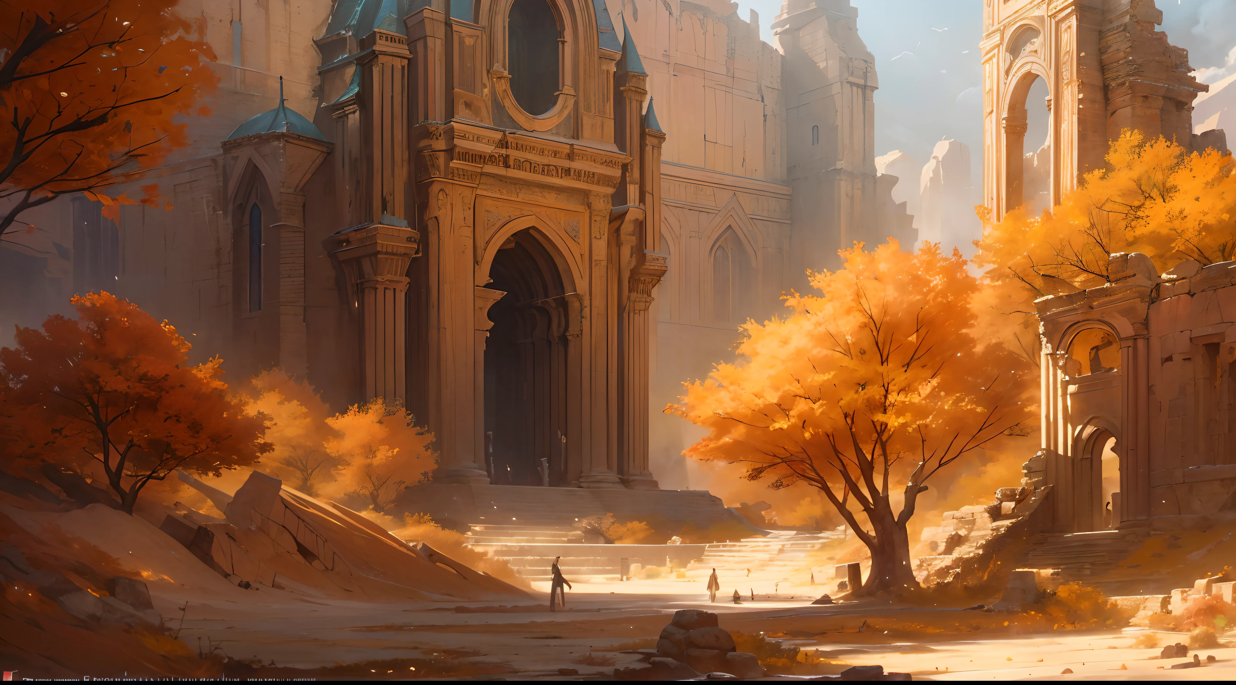 (by Greg Rutkowski: 1.2), (masterpiece), (best quality), extremely delicate and beautiful, illustration, (fantasy landscape), scorching desert, (majestic ancient ruins), (elven ruins), elven architecture, elven statue, ethereal beauty, gigantic structure, vibrant colors, dreamlike scenery, depth of field, HDR, intricate, delicate