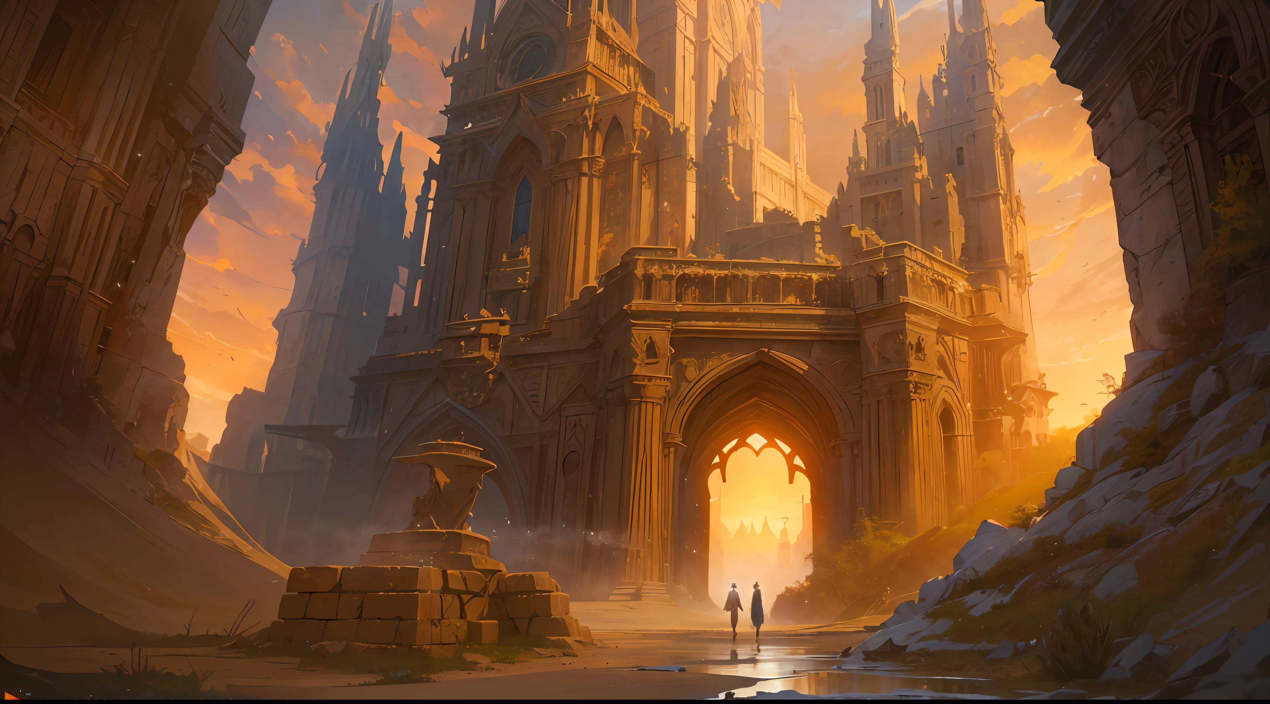 (by Greg Rutkowski: 1.2), (masterpiece), (best quality), extremely delicate and beautiful, illustration, (fantasy landscape), scorching desert, (majestic ancient ruins), (elven ruins), elven architecture, elven statue, ethereal beauty, gigantic structure, vibrant colors, dreamlike scenery, depth of field, HDR, intricate, delicate