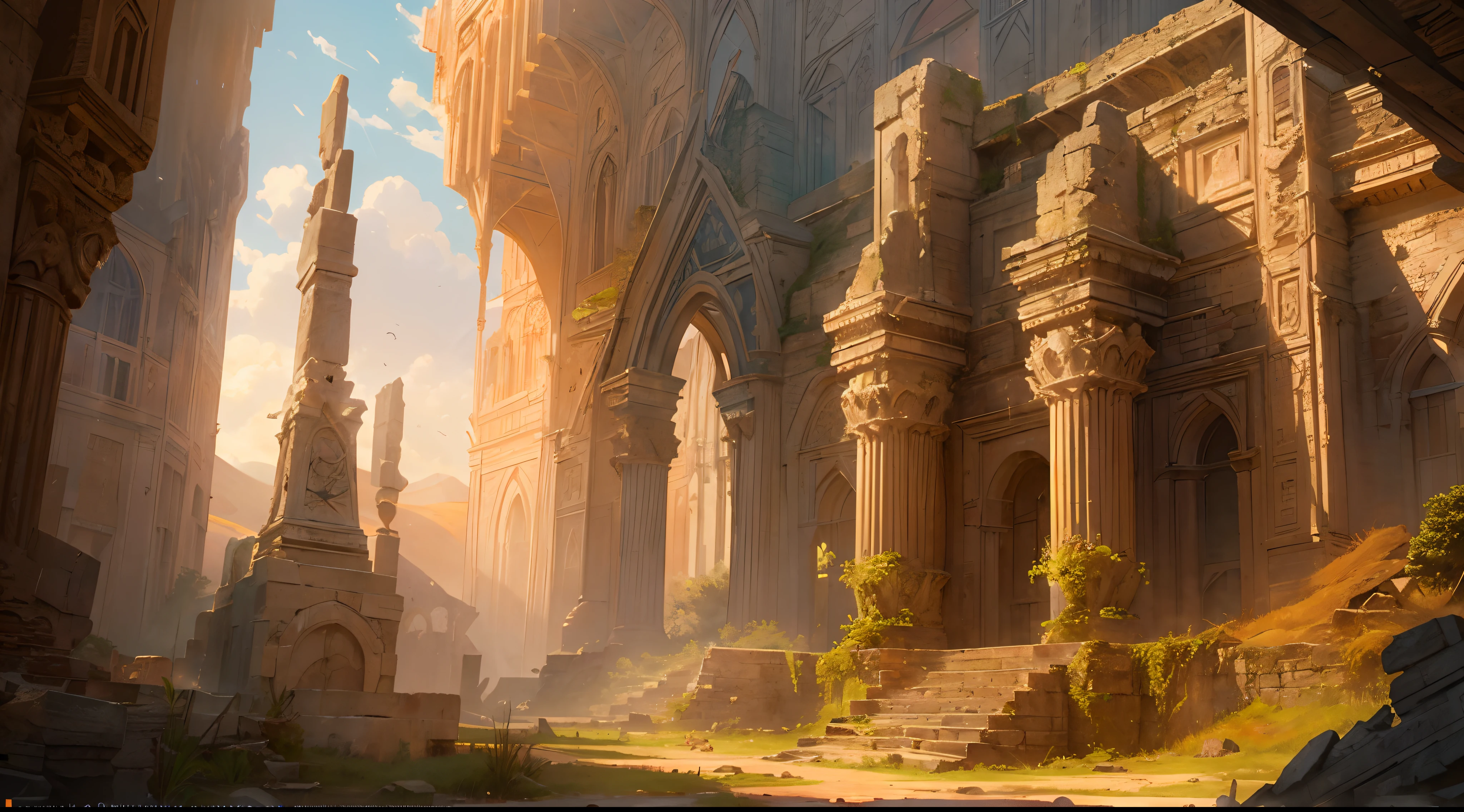 (by Greg Rutkowski: 1.2), (masterpiece), (best quality), extremely delicate and beautiful, illustration, (fantasy landscape), scorching desert, (majestic ancient ruins), (elven ruins), elven architecture, elven statue, ethereal beauty, gigantic structure, vibrant colors, dreamlike scenery, depth of field, HDR, intricate, delicate