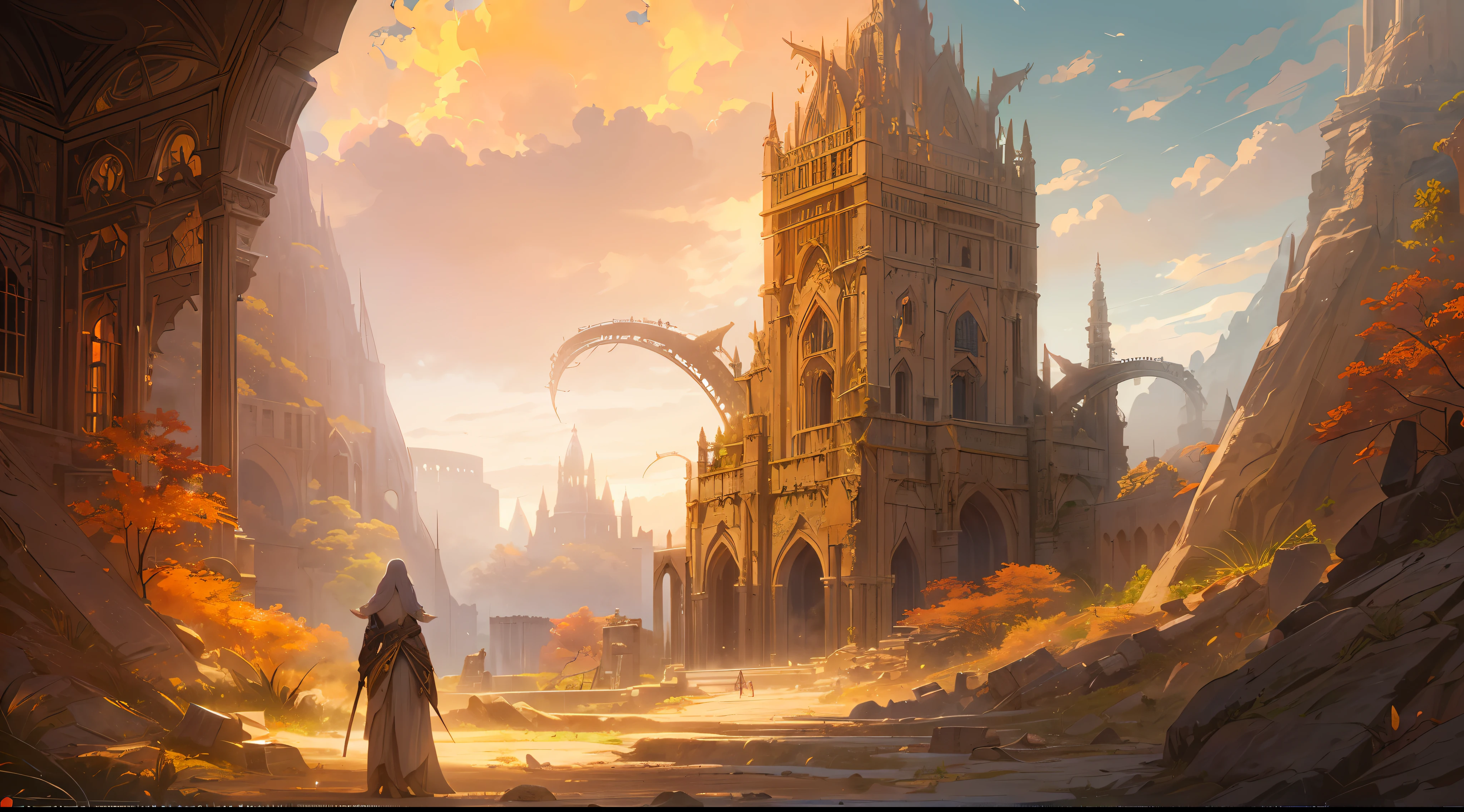 (by Greg Rutkowski: 1.2), (masterpiece), (best quality), extremely delicate and beautiful, illustration, (fantasy landscape), scorching desert, (majestic ancient ruins), (elven ruins), elven architecture, elven statue, ethereal beauty, gigantic structure, vibrant colors, dreamlike scenery, depth of field, HDR, intricate, delicate