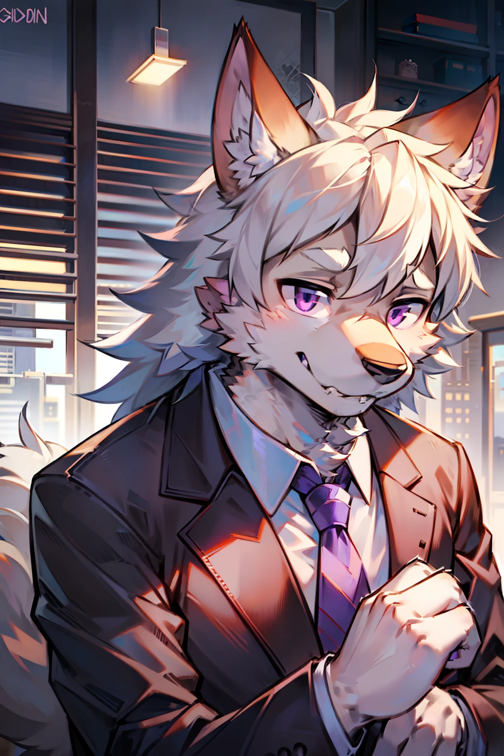 solo person,shaggy male,hairy bodies,shoun,coyote,canid,grey fur,Long white hair,The ends of the hair are purple,Purple eye,Bind your hands,Bullied,adolable,Handsome,large tail,full bodyesbian,Business suit,in company,Pushed down on the chair