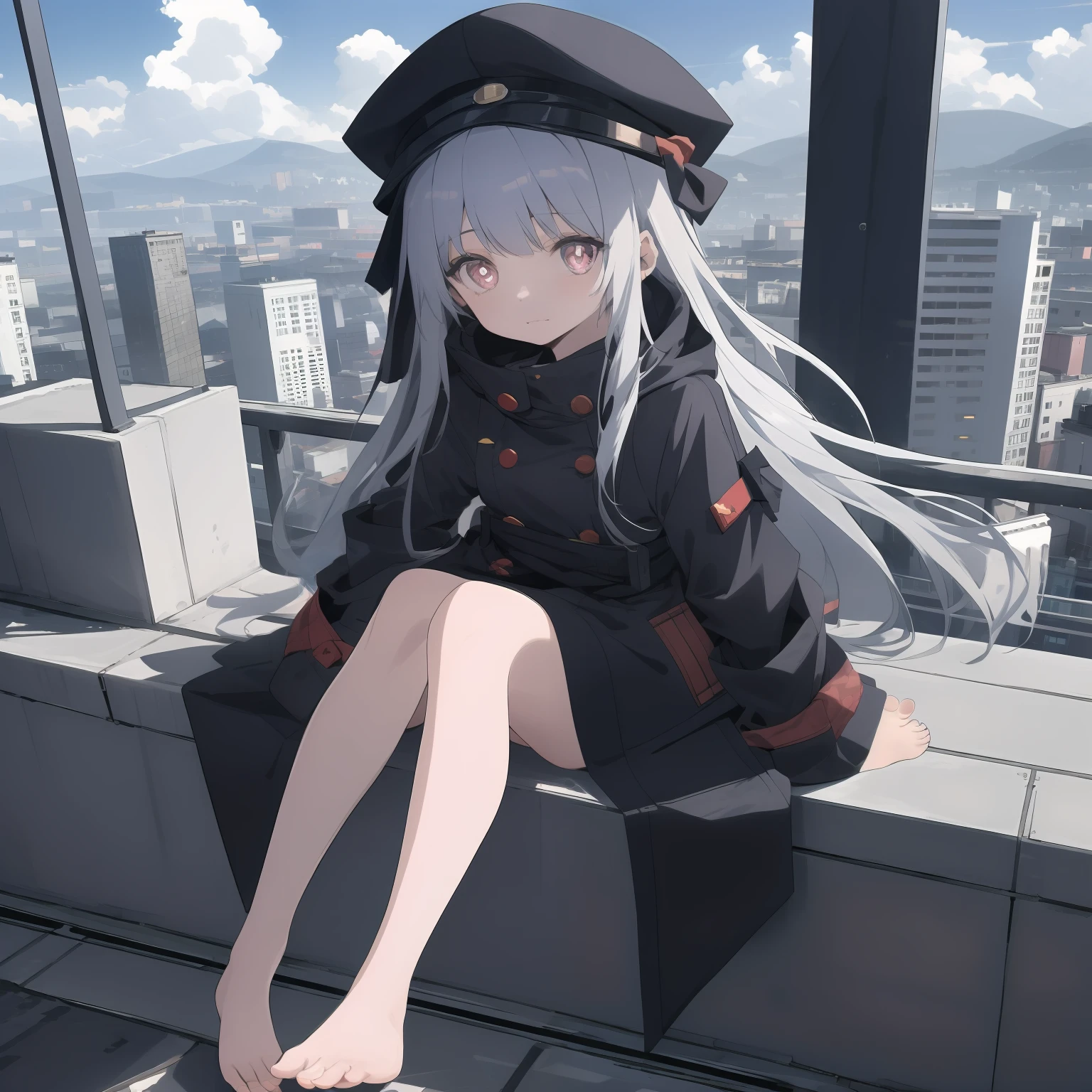 quadratic element，white long straight hair，red pupils，Loli，Fourteen years old，a black trench coat，The barefoot，no headwear，The soles of the feet are aligned with the screen，Sitting on a gray roof, overcast day，anime style cityscape, modern anime style，Anime moe art style