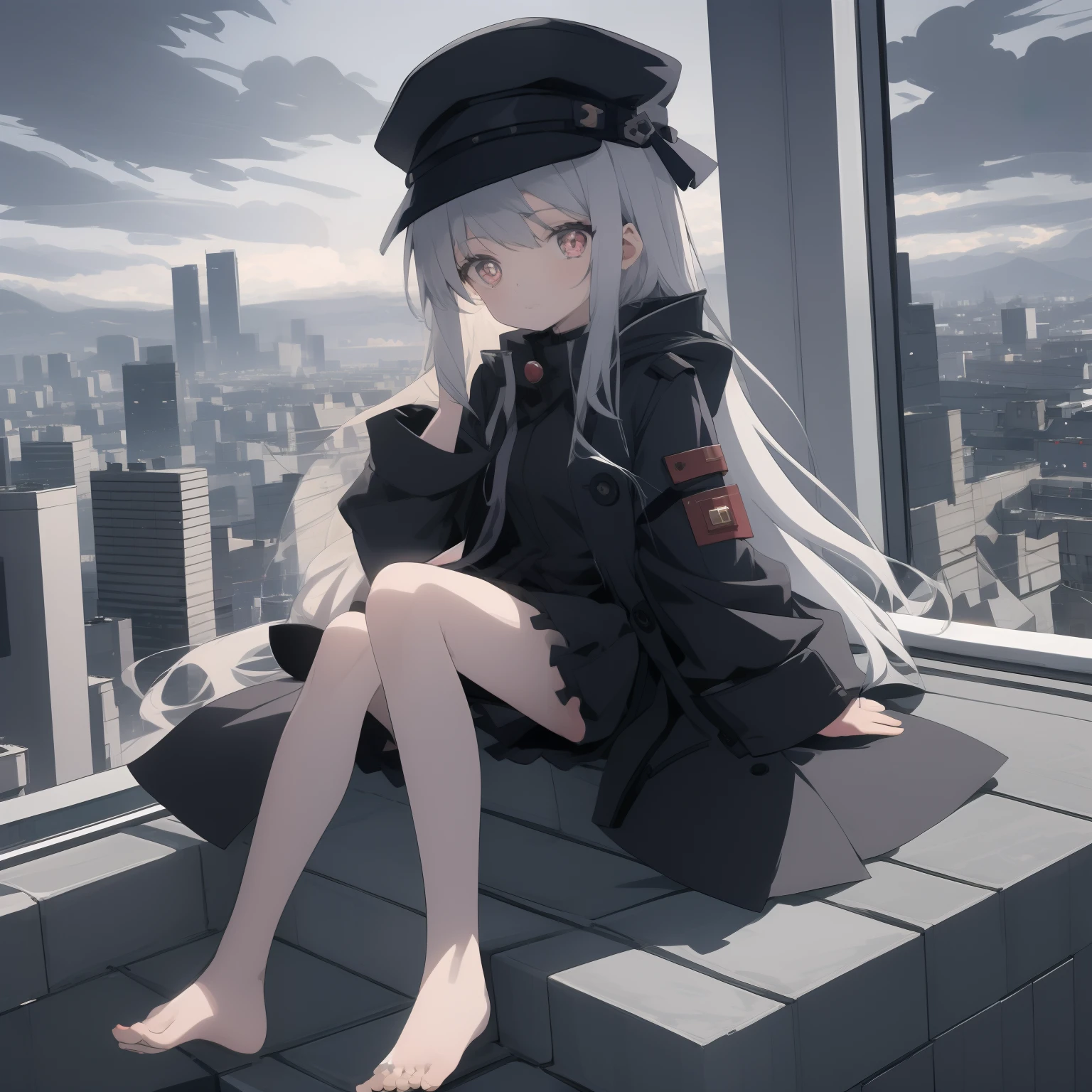 quadratic element，white long straight hair，red pupils，Loli，，a black trench coat，The barefoot，no headwear，The soles of the feet are aligned with the screen，Sitting on a gray roof, overcast day，anime style cityscape, modern anime style，Anime moe art style