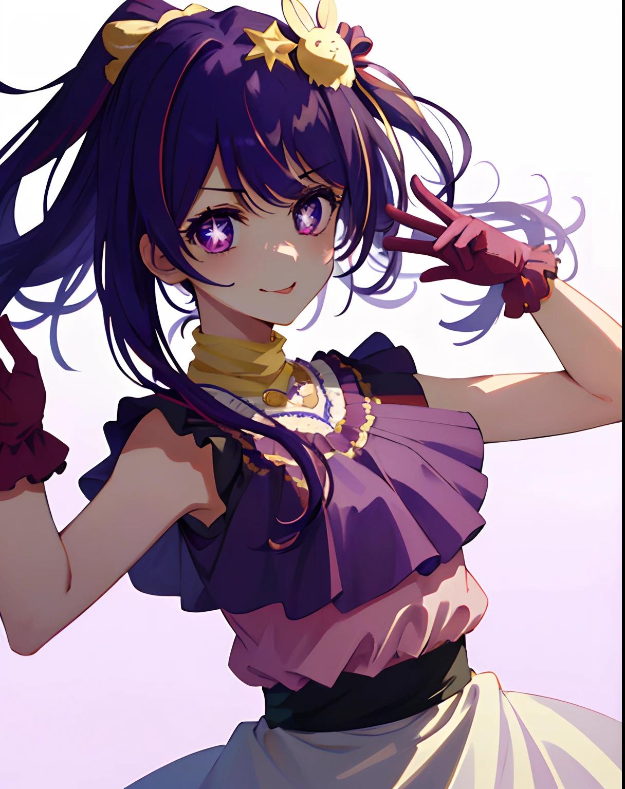 a 1girl, body complet, Cowboy shot, (Rembrandt), illustartion, (tmasterpiece), (beste-Qualit), (ultra_detailing), Fine detail, (Depth of field), HshinoAi,gloves, Tongue Outward, tongue, hairlong, Star \ (symbol\), looks at the viewer, (purple hair:1.2), violet eyes, upper-body, hair ornament, :p, Ruffles, pink shirt, ssmile, Sleeveless, shirt, idol, symbol-shaped pupils, quiff , star-shaped pupils, (tmasterpiece), (beste-Qualit), (overdetalization),(messy  hair),(illustartion), (a 1girl), (trendy clothes), stands, Model, looks at the viewer, (interview), (Simple background), beautiful detail eyes, Gentle beautiful face, soaring, (high saturation), (Colorful splashes), Colorful Bubble, (radiance), facial focus,  (radiance), better lighting, better shadow, (tmasterpiece, hiquality, beste-Qualit),