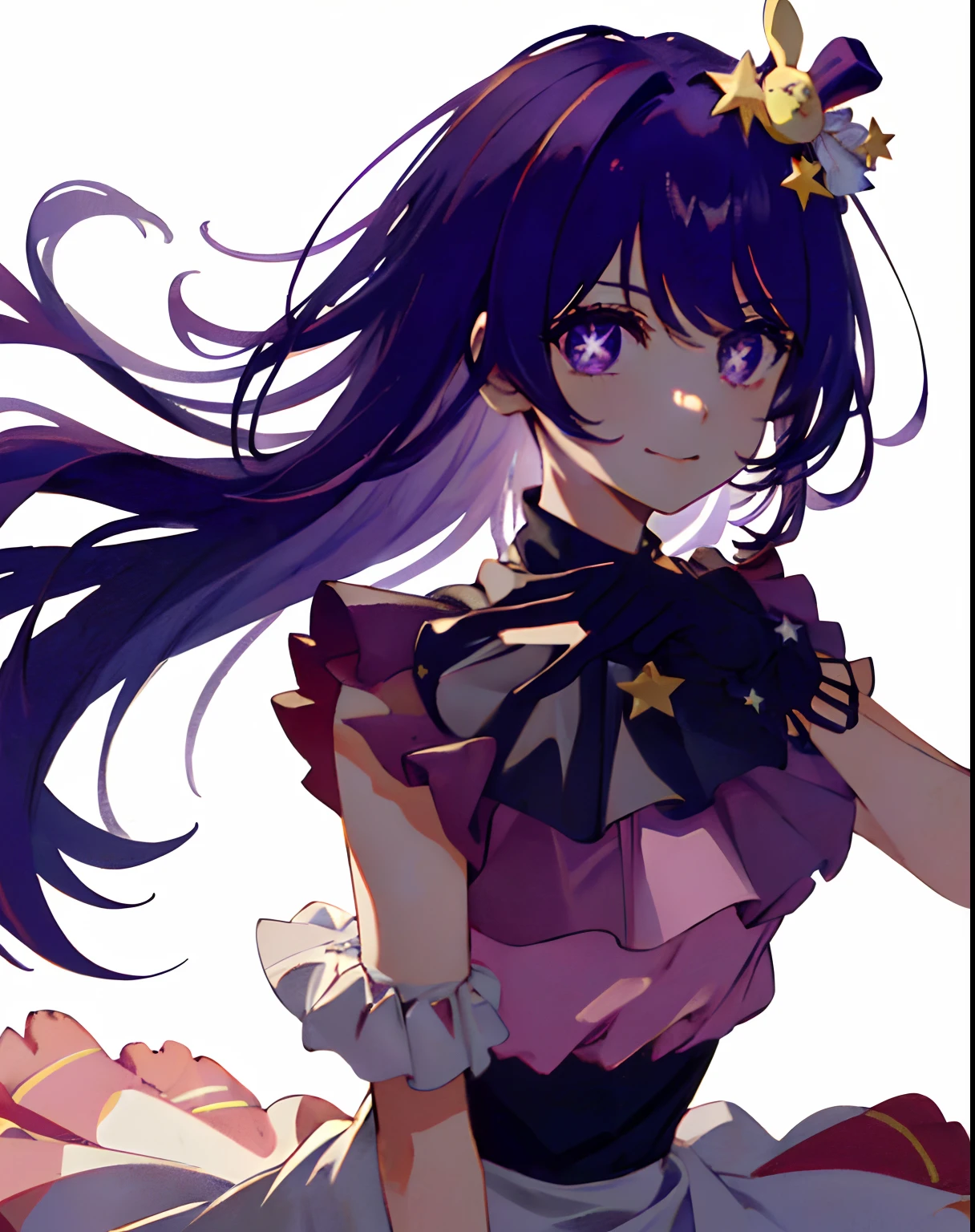 1 girl with tongue out, wide, star (symbol), view visor, (purple hair: 1.2), purple eyes, upper body, hair ornament, ruffles, pink shirt, smile, sleeveless, shirt, idol, symbol shaped pupil, punches, one side up, star-shaped pupils, arms raised looking at viewer, Peace sign, Hand raised