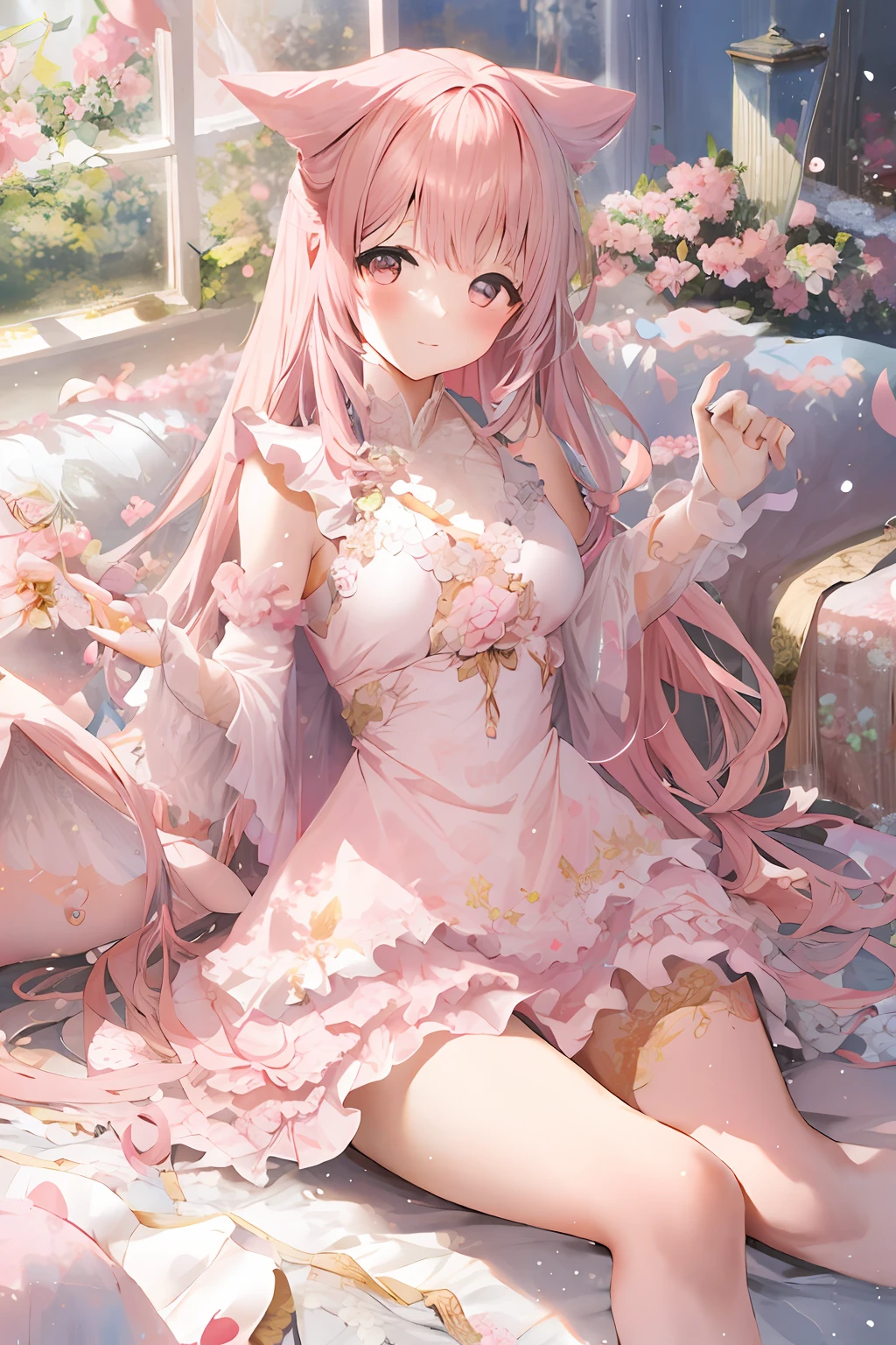 Anime girl sitting on bed with pink flowers in pink dress, cute anime waifu in a nice dress, Guweiz in Pixiv ArtStation, beautiful fantasy anime, Guviz, Guweiz on ArtStation Pixiv, Beautiful anime girl, Anime goddess, 8K high quality detailed art, **** in dress, trending on artstation pixiv