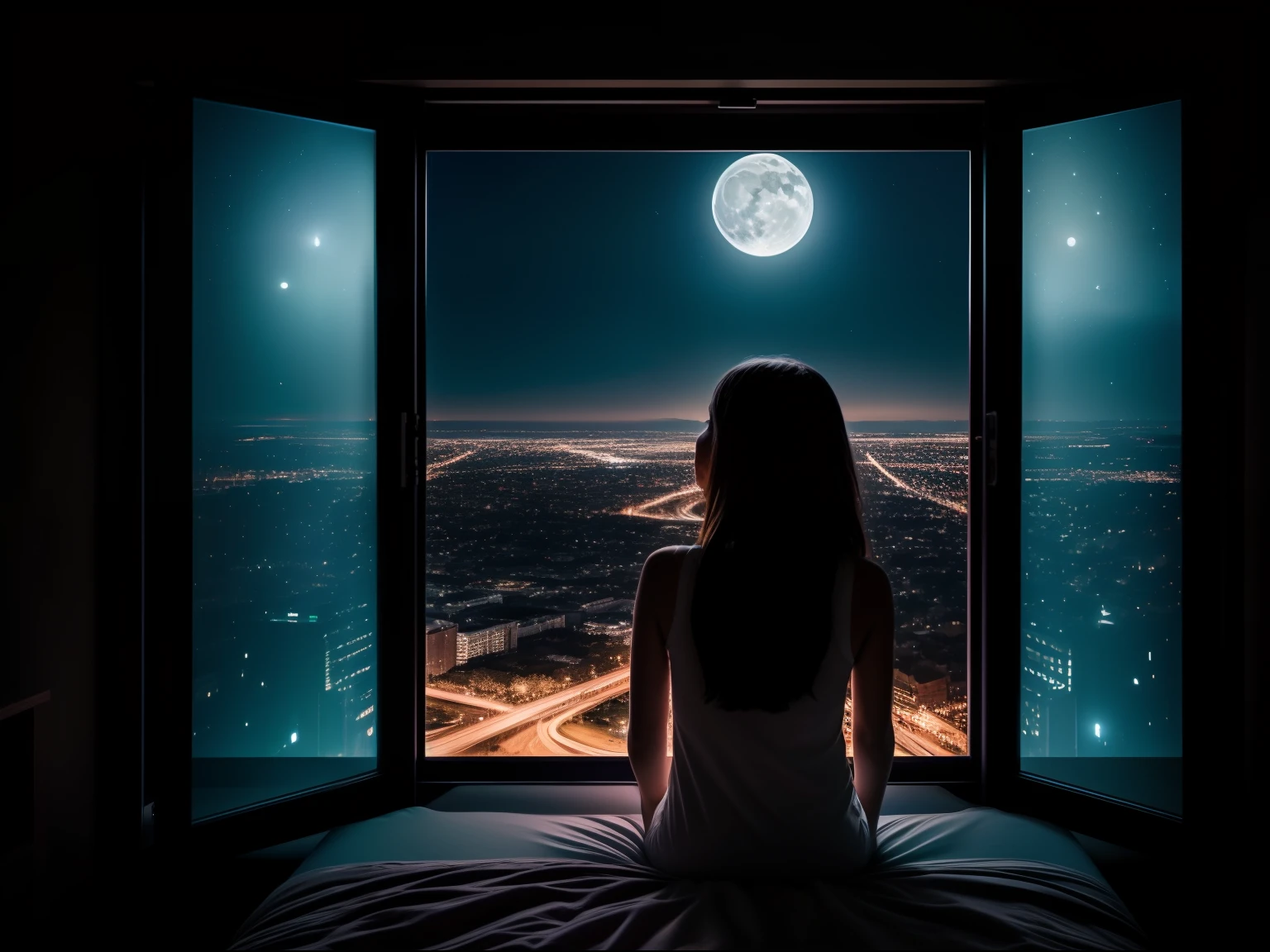 8K HD,9:16 sizes,Portrait orientation,Vertical photo,night,Night sky with stars, moon, dark clouds and meteors。Glass House,Glass House,There is a big pink bed in the room,There is a table here,TV,There is one,With light,With bookshelf,Pink Curtains,Large glass windows all around,Overlooking the panoramic view,The most important thing is to have a big bed,Outside the window is the city scenery and tall buildings