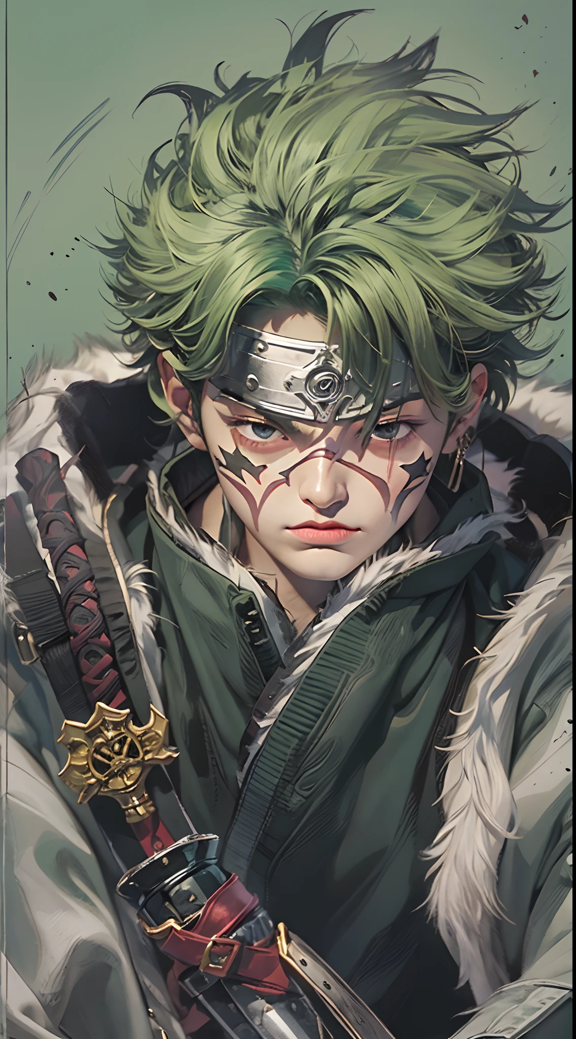 Hombre rudo Personaje de anime con cabello verde con cicatriz en el ojo izquierdo sosteniendo 3 espadas 1 con la boca,kimono,japones,espadas legendarias japonesas,3 pendientes de oro, Roronoa Zoro, de una sola pieza, Ilustraciones HD, Chico guapo en el arte de Demon Slayer, Badass Anime 8K, Arte de Kentaro Miura, Okab Rintarou, Pixiv, advanced digital anime art ”, Fanart de alta calidad, Fan Art, por Shitao, Kakyoin