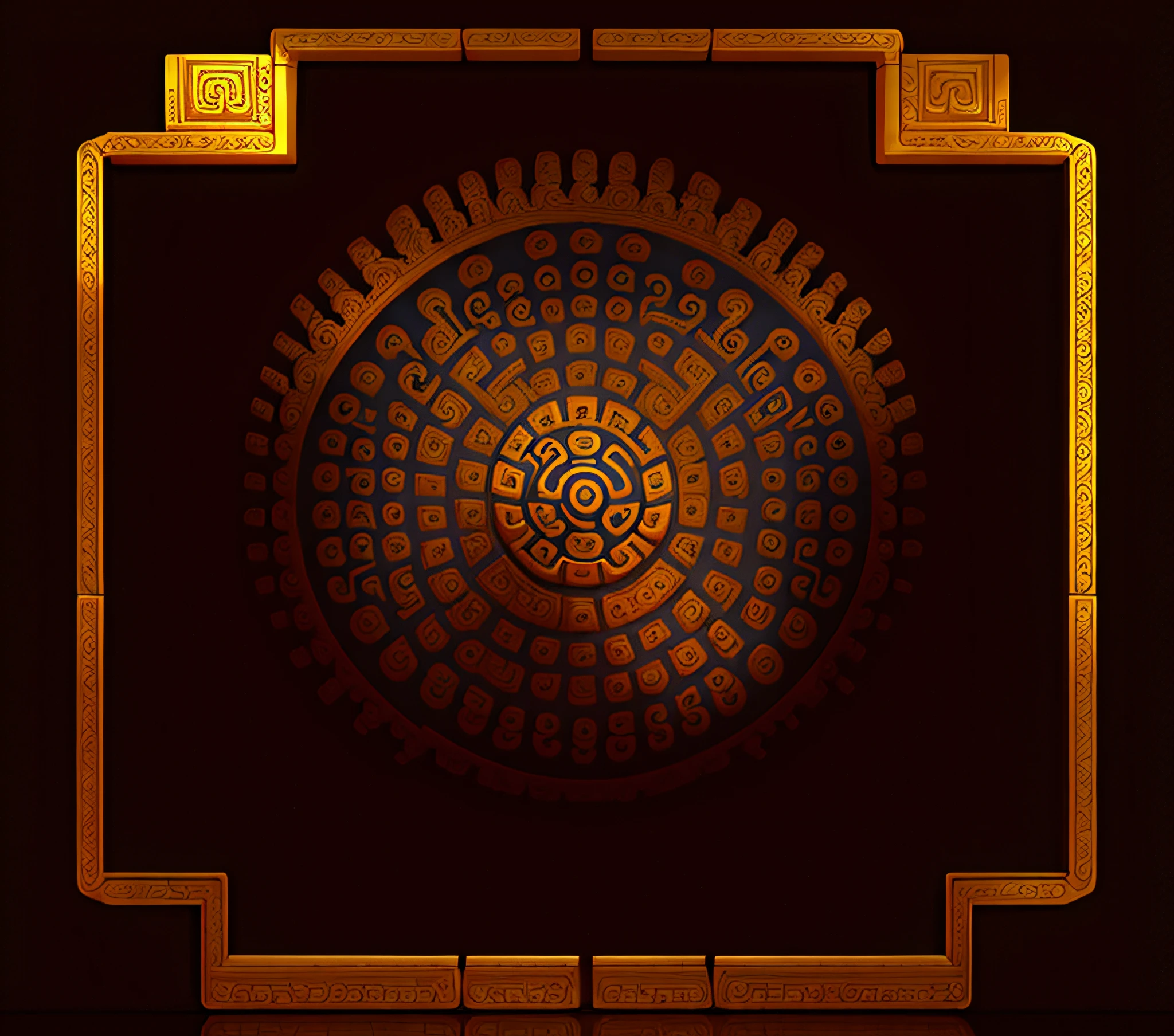 mayan style,（对称）, Absolute symmetry，Clean black background，ornate gold border, squared border，tmasterpiece，best qualityer