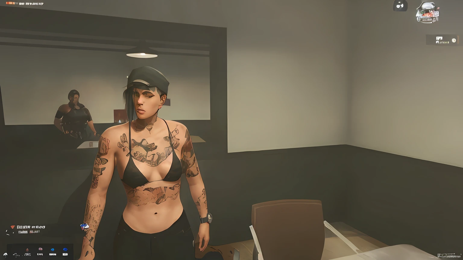 there is a ebony woman with tattoos, diesel punk female, black cap, black bikini top, dark jeans, watch on her arm