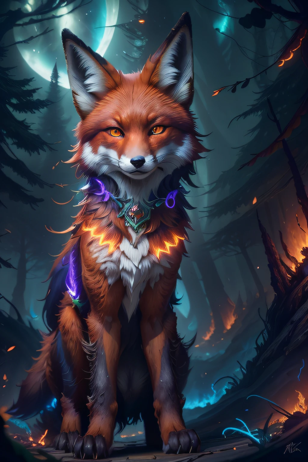 ((Shapeshifter dark red druid Mage Fox)), D&D, artstation, fantasy, magic the gathering artwork, cinematic lighting, centered, symmetrical, highly detailed, digital painting, , concept art, smooth, sharp focus, volumetric lighting, epic Composition, 8k, cgsociety, (detailed fur),standing in the middle of a (Enchanted forest:1.2),epic fantasy character,fantasy art, Shadows,destroyed trees, ruined forest, dark colors,fire flies,contrast,texture,realism,high quality, film grain,insane details, intricate details, hyperdetailed, soft cinematic light,adobe lightroom, photolab, intricate, highly detailed, muted colors, insane details, hyperdetailed, soft cinematic light, photolab, intricate,4K,8K,16K, UHD, highres, (8k wallpaper), film photo, De-Noise, f 5.6 , 85mm,Amazing photography ,dynamic compositon,Cinematic, shallow depth of field, Sharp focus, (extremely detailed CG unity 8k wallpaper), high detail, hdr, ultra realistic, detailed background, ((illustration)), (((masterpiece))), ((best quality)), (High resolution),photo-realistic,professional lighting,vibrant, film still, realistic proportions,raw,35mm,1/1250s, f/2.8, ISO 400, photograph, Eye detail, eye contact,(beautiful detailed fox eyes),((illustration)),(looking at viewer), ((night sky)),((fantasy)), RTX, Raytracing,((glowing particles in the air)),Fire in the background,electrical storm,deep shadow,vibrant colors, ominous atmosphere,vivid details, Moon light,(Ori and the Blind Forest),(ori and the will of the wisps), beautiful fur, (beautiful fox eyes), (almond-shaped eyes),portrait,beautiful fox paws,