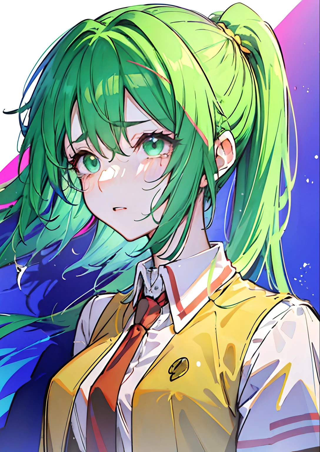 1girl, pony tail, green hair, (Long hair), Green eyes, school uniform, shirt with collar, red tie, yellow waistcoat, open vest, tears on my face, (tmasterpiece), (beste-Qualit), (overdetalization),(messy hair),(illustartion), (a 1girl), (trendy clothes), stands, Model, looks at the viewer, (interview), (Simple background), beautiful detail eyes, Gentle beautiful face, soaring, (high saturation), (Colorful splashes), Colorful Bubble, (radiance), facial focus, (radiance), better lighting, better shadow, (tmasterpiece, hiquality, beste-Qualit)