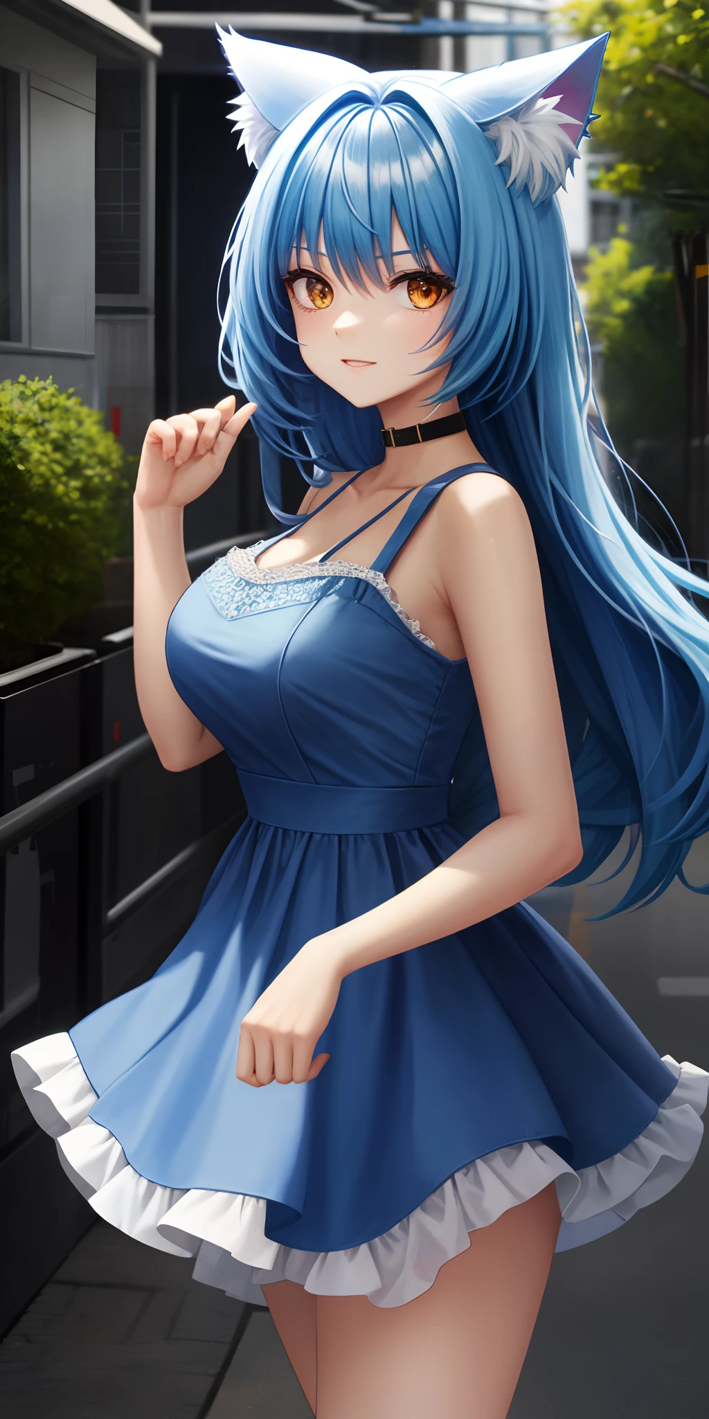 a women, blue hair, blue eyes, white dress