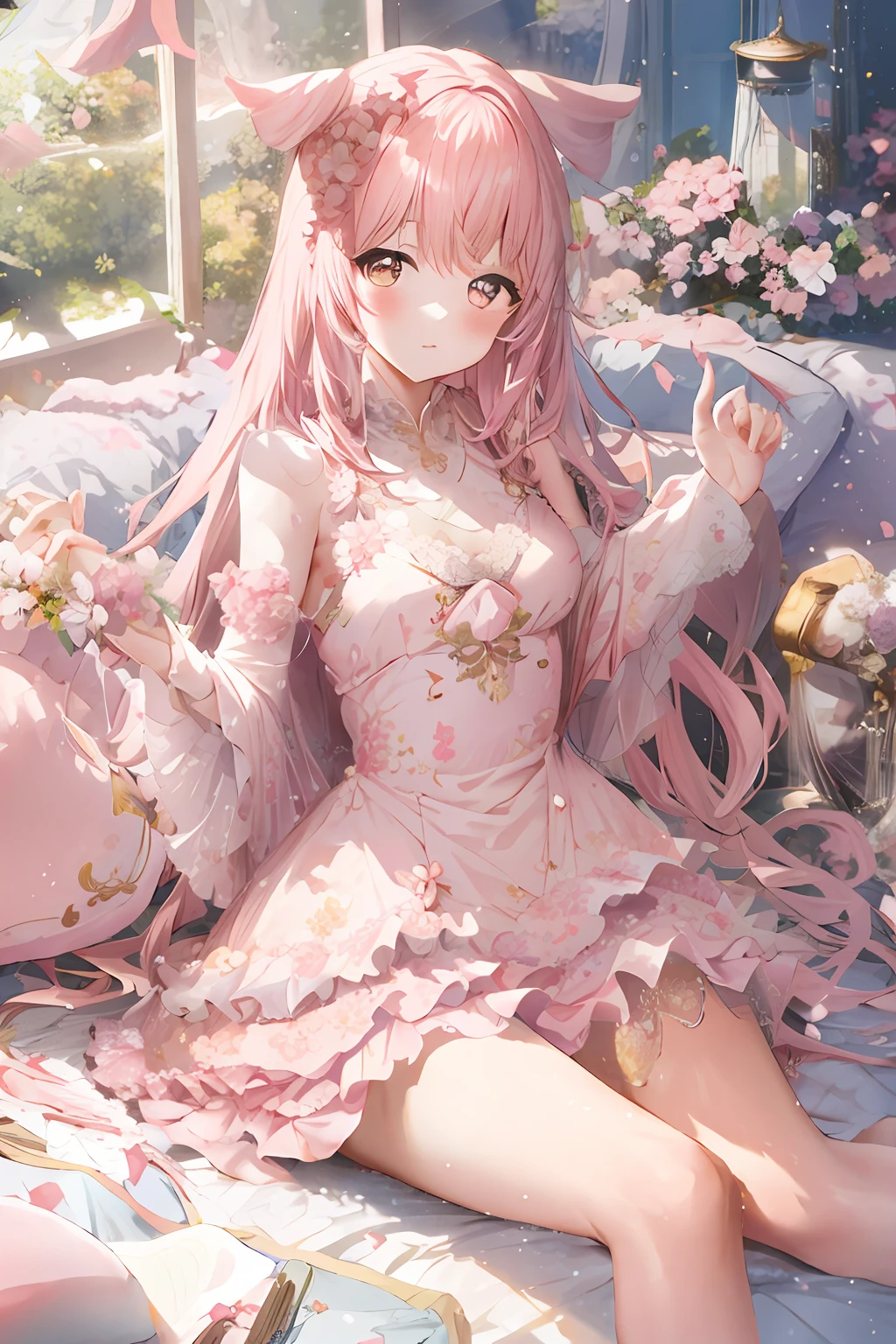 Anime girl sitting on bed with pink flowers in pink dress, cute anime waifu in a nice dress, Guweiz in Pixiv ArtStation, beautiful fantasy anime, Guviz, Guweiz on ArtStation Pixiv, Beautiful anime girl, Anime goddess, 8K high quality detailed art, **** in dress, trending on artstation pixiv