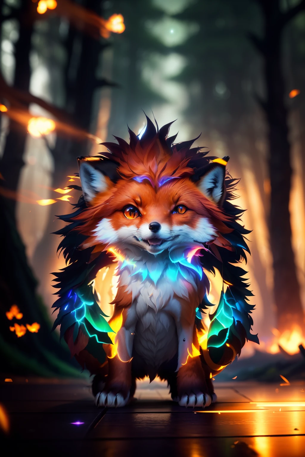 ((Shapeshifter dark red druid Mage Fox)), D&D, artstation, fantasy, magic the gathering artwork, cinematic lighting, centered, symmetrical, highly detailed, digital painting, , concept art, smooth, sharp focus, volumetric lighting, epic Composition, 8k, cgsociety, (detailed fur),standing in the middle of a (Enchanted forest:1.2),epic fantasy character,fantasy art, Shadows,destroyed trees, ruined forest, dark colors,fire flies,contrast,texture,realism,high quality, film grain,insane details, intricate details, hyperdetailed, soft cinematic light,adobe lightroom, photolab, intricate, highly detailed, muted colors, insane details, hyperdetailed, soft cinematic light, photolab, intricate,4K,8K,16K, UHD, highres, (8k wallpaper), film photo, De-Noise, f 5.6 , 85mm,Amazing photography ,dynamic compositon,Cinematic, shallow depth of field, Sharp focus, (extremely detailed CG unity 8k wallpaper), high detail, hdr, ultra realistic, detailed background, ((illustration)), (((masterpiece))), ((best quality)), (High resolution),photo-realistic,professional lighting,vibrant, film still, realistic proportions,raw,35mm,1/1250s, f/2.8, ISO 400, photograph, Eye detail, eye contact,(beautiful detailed fox eyes),((illustration)),(looking at viewer), ((night sky)),((fantasy)), RTX, Raytracing,((glowing particles in the air)),Fire in the background,electrical storm,deep shadow,vibrant colors, ominous atmosphere,vivid details, Moon light,(Ori and the Blind Forest),(ori and the will of the wisps), beautiful fur, (beautiful fox eyes), (almond-shaped eyes),portrait,beautiful fox paws,