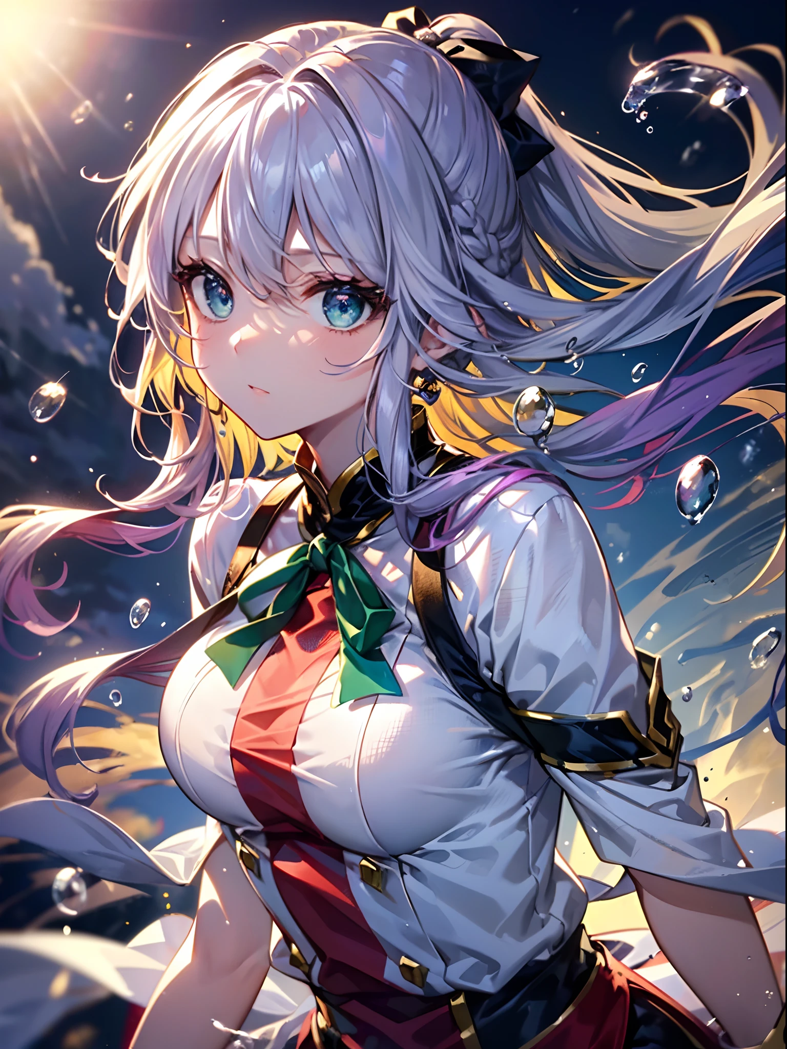 (((masterpiece))), top-quality, Ultra detailed CG Unity 8K wallpaper, beautiful illustration, Delicate and beautiful figure, Floating feeling, hight resolution, Powerful angles, Dynamic poses, (One girl), Blue eyes, (hair of Multi-colors+silber hair:1.3+Red-haired:1.2+Purple hair+Yellow hair:1.3+Green hair:1.3), White martial arts uniform, ribbon on the neck, beautiful countenance, lots of water droplets, clouds, evening, wide angle shooting, Watercolor wind