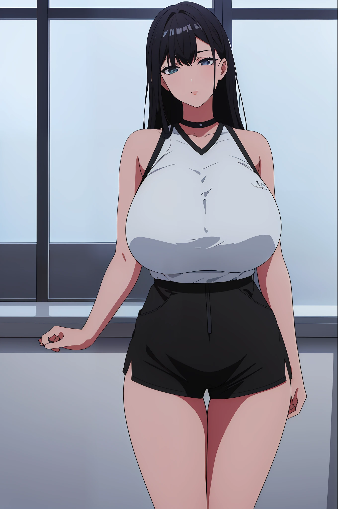(tag: 1.7), in a room with curtains on the windows, en el interior, gimnasio,
Standing in attention,
hombros desnudos, Green_sportswear, sin mangas, 鎖骨, Black_Shorts,
Black_Hair, ojos azules, cola de caballo, flequillo, cabello largo, 
1 chica, 20yo, mujer joven, hermoso dedo, hermosas piernas largas, hermoso cuerpo, hermosa nariz, Beautiful character design, ojos perfectos, cara perfecta,
mirando al espectador, en el centro de la imagen,
NSFW, arte oficial, fondo de pantalla CG 8k extremadamente detallado, perfect ilumination, colorido, Bright_Front_face_Lighting,
(obra maestra: 1.0), (best_quality: 1.0), ultrahigh resolution, 4K, ultra detallado,
Cinematographer, 8K, HDR, highres, absurdres:1.2, Kodak portra 400, movie grain, fondo borroso, bokeh:1.2, destello de lente, (vibrant_color:1.2)
(Hermoso,large_Breasts:1.4), (beautiful_face:1.5),(narrow_waist),desnuda,