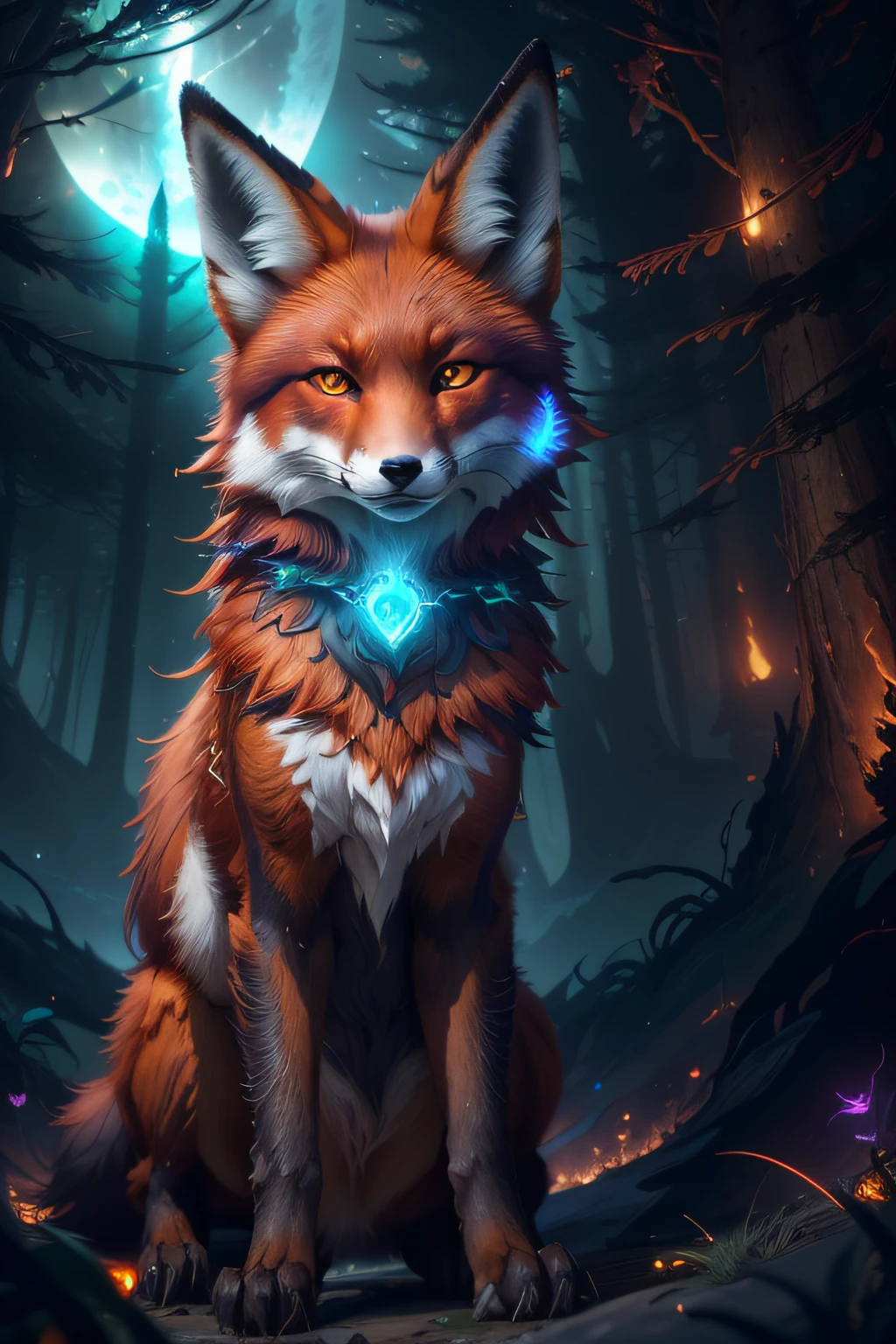 ((Shapeshifter dark red druid Mage Fox)), D&D, artstation, fantasy, magic the gathering artwork, cinematic lighting, centered, symmetrical, highly detailed, digital painting, , concept art, smooth, sharp focus, volumetric lighting, epic Composition, 8k, cgsociety, (detailed fur),standing in the middle of a (Enchanted forest:1.2),epic fantasy character,fantasy art, Shadows,destroyed trees, ruined forest, dark colors,fire flies,contrast,texture,realism,high quality, film grain,insane details, intricate details, hyperdetailed, soft cinematic light,adobe lightroom, photolab, intricate, highly detailed, muted colors, insane details, hyperdetailed, soft cinematic light, photolab, intricate,4K,8K,16K, UHD, highres, (8k wallpaper), film photo, De-Noise, f 5.6 , 85mm,Amazing photography ,dynamic compositon,Cinematic, shallow depth of field, Sharp focus, (extremely detailed CG unity 8k wallpaper), high detail, hdr, ultra realistic, detailed background, ((illustration)), (((masterpiece))), ((best quality)), (High resolution),photo-realistic,professional lighting,vibrant, film still, realistic proportions,raw,35mm,1/1250s, f/2.8, ISO 400, photograph, Eye detail, eye contact,(beautiful detailed fox eyes),((illustration)),(looking at viewer), ((night sky)),((fantasy)), RTX, Raytracing,((glowing particles in the air)),Fire in the background,electrical storm,deep shadow,vibrant colors, ominous atmosphere,vivid details, Moon light,(Ori and the Blind Forest),(ori and the will of the wisps), beautiful fur, (beautiful fox eyes), (almond-shaped eyes),portrait,beautiful fox paws,