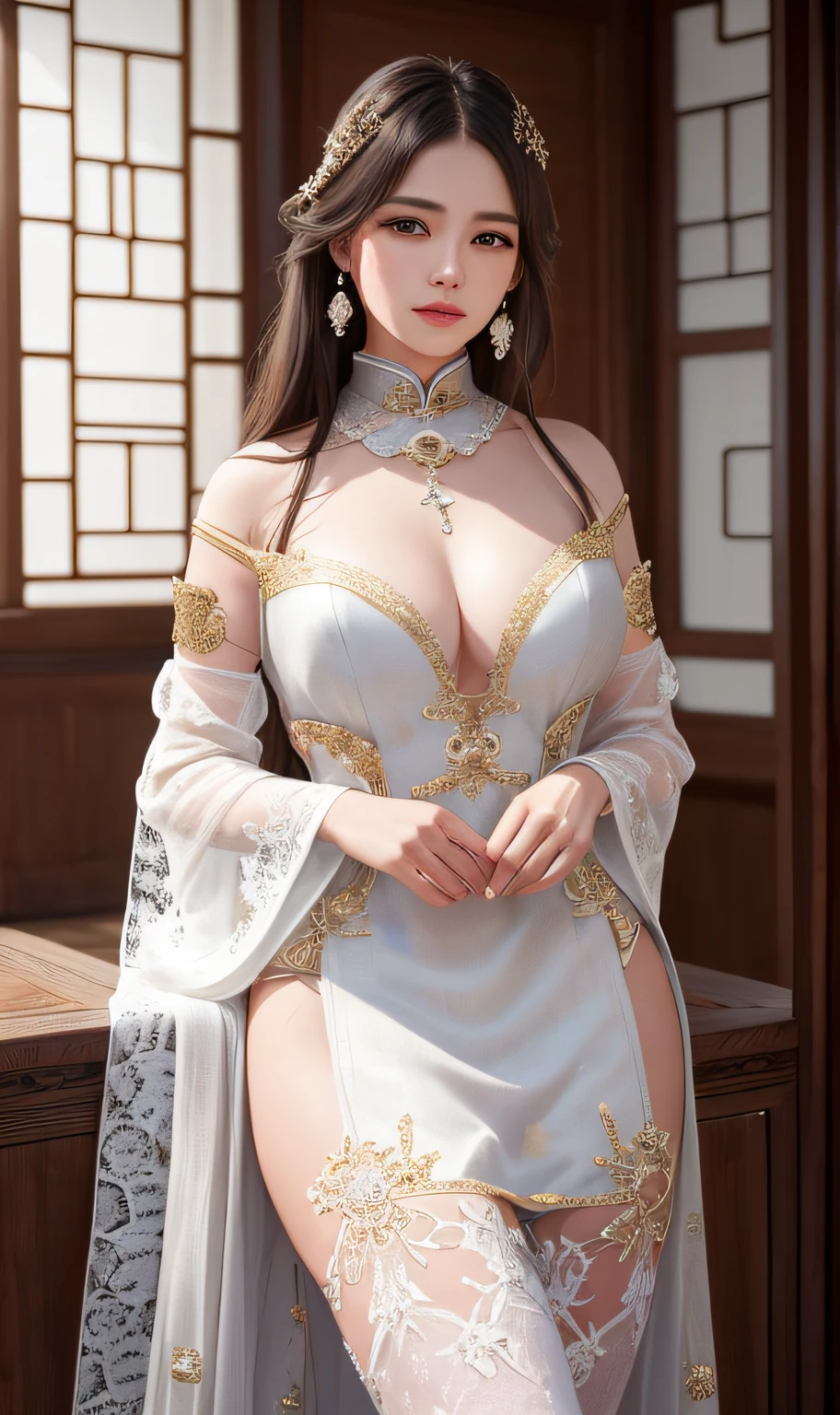ultra realistic 8k cg, Flawless, Clean, Masterpiece, Professional artwork, Famous artwork, Cinematic lighting, Cinematic bloom, Perfect face, Beautiful face, fantasy, Dreamlike, unreal, Science fiction, Lace, Lace trim, lace-trimmed legwear, luxury goods, jewelry, Diamond, gold, the pearl, Pedras preciosas, Sapphire, Ruby, Emerald, intricately details, Delicate pattern, Charming, Alluring, Seductive, Erotic, Enchanting, hair adornments, necklace, Earrings, Bracelet, armlets,Halo,Autumn,
(((Best quality, Masterpiece, 超高分辨率, (Photorealistic:1.4), RAW photo, 1girll, , ancient buildings of China,china dress, )))