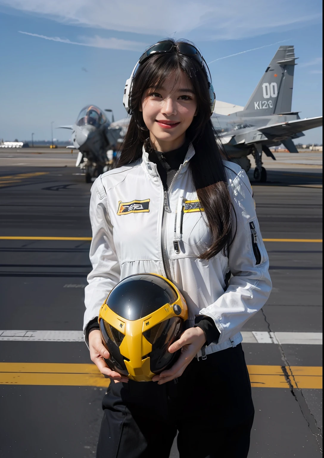 Highest image quality, Outstanding details, Ultra-high resolution, (Realism: 1.4), ((Cowboy shot)), The best illustration, favor details, highly condensed 1girl, (Cyberpunk,Cyborg), A delicate and beautiful face, (Long hair), (Wearing heavy fleet spacesuits,With helmet ring breaker, Attached with a black-gray mech, Yellow pipes and code, , Radiological signs), ((Only the head is exposed)), ((Smile)), (fighter jets),(Hand model aircraft wing),Aircraft carrier flight runway in background,