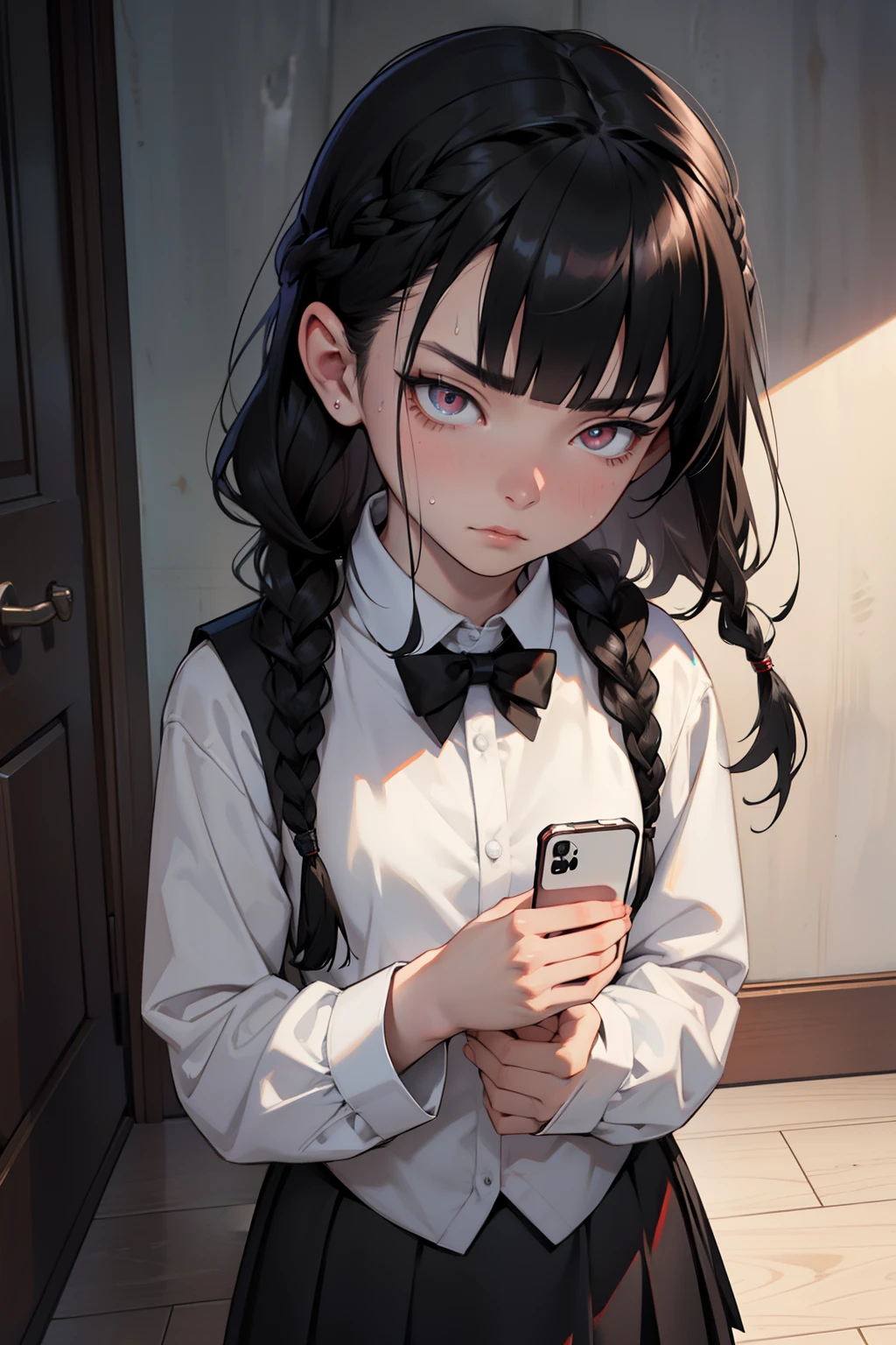 (professhional lighting), ((Beautiful eyes)),wide shot layout,wednesday addams BREAK ars old,black hair,blunt bangs,pale skin,red eyes,jitome,hollow eyes, half-closed eyes,detailed eyes,beautiful eyes,hair ornaments at hexagram,1girl,solo,braid,ashamed,troubled expression,best quality,ultra-detailed,(masterpiece),sweat,wear Black tie,wear white shirt,wear black vest,looking away,fullbody,((selfie)),in office,burial site