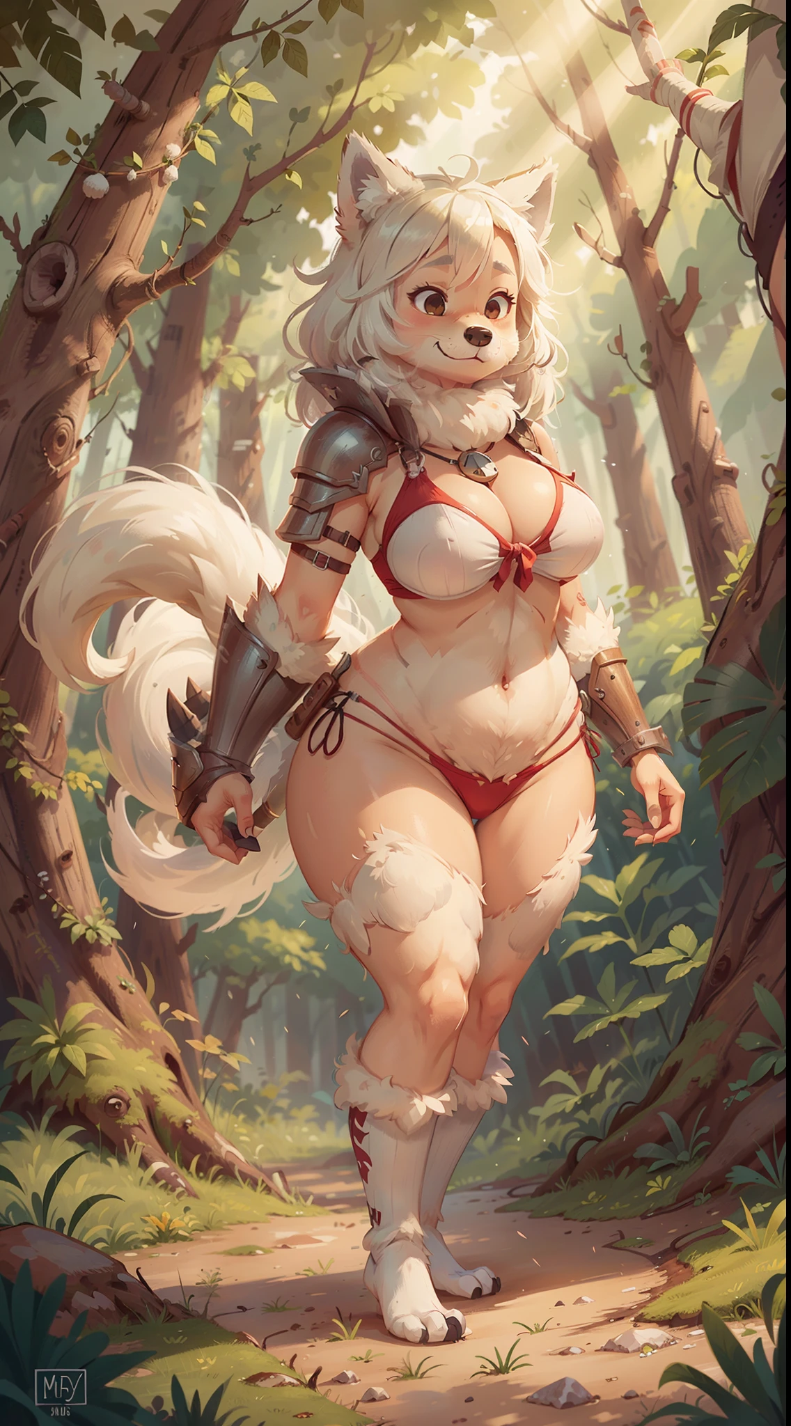 furry, wolf, fluffy, wide hips, breast, wolf tail, fluffy body, cute, female, forest, inverted , bikini armor, knee high socks, white hair, husky