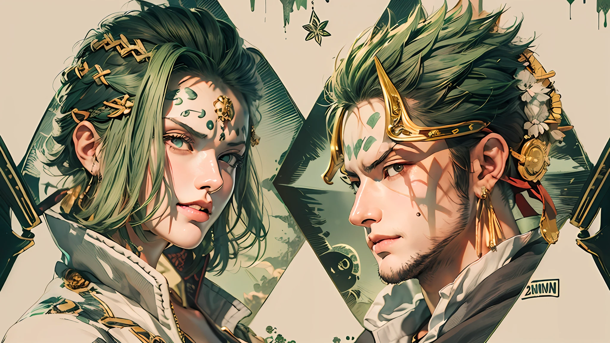 Hombre rudo Personaje de anime con cabello verde con cicatriz en el ojo izquierdo sosteniendo 3 espadas 1 con la boca,kimono,japones,espadas legendarias japonesas,3 pendientes de oro, Roronoa Zoro, de una sola pieza, Ilustraciones HD, Chico guapo en el arte de Demon Slayer, Badass Anime 8K, Arte de Kentaro Miura, Okab Rintarou, Pixiv, advanced digital anime art ”, Fanart de alta calidad, Fan Art, por Shitao, Kakyoin