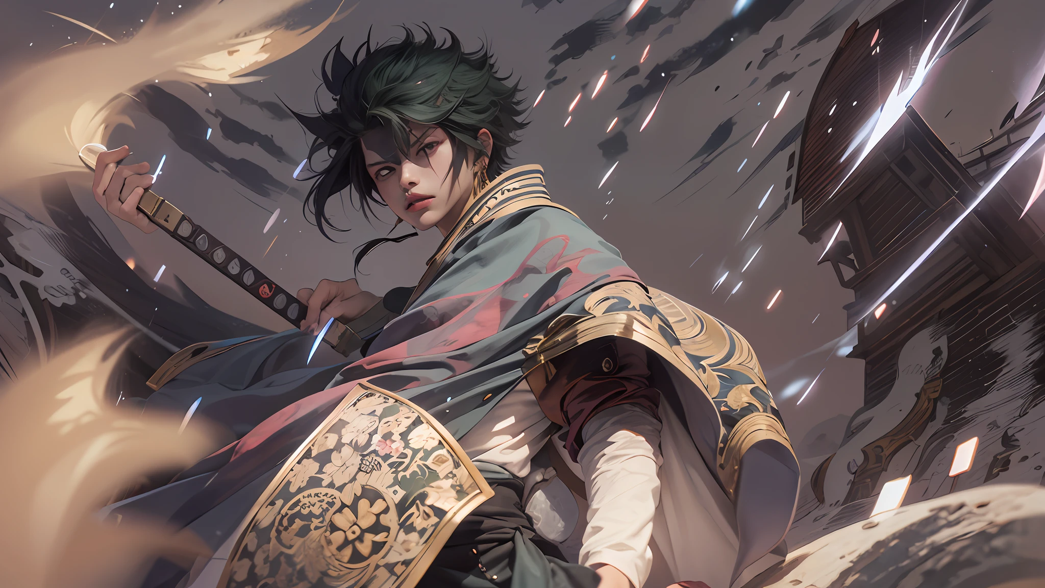 Hombre rudo Personaje de anime con cabello verde con cicatriz en el ojo izquierdo sosteniendo 3 espadas 1 con la boca,kimono,japones,espadas legendarias japonesas,3 pendientes de oro, Roronoa Zoro, de una sola pieza, Ilustraciones HD, Chico guapo en el arte de Demon Slayer, Badass Anime 8K, Arte de Kentaro Miura, Okab Rintarou, Pixiv, advanced digital anime art ”, Fanart de alta calidad, Fan Art, por Shitao, Kakyoin
