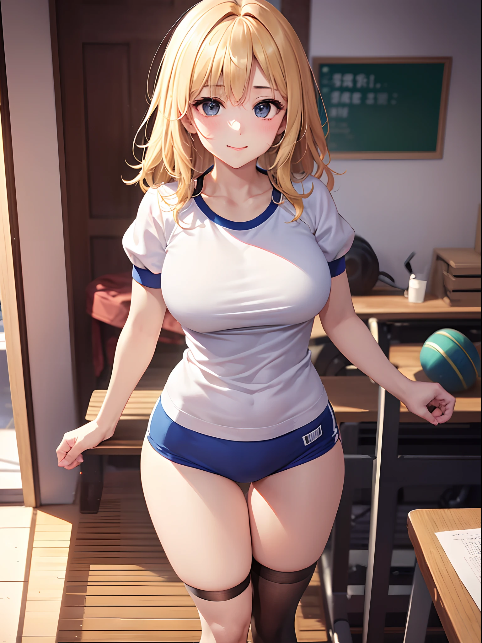 (top-quality: 1.3)、(​masterpiece: 1.3)、(The ultra-detailliert: 1.3)、(wall-paper, one girls)、([Diamonds: 1.3|The eye]:1.2)、(Perfect white short-sleeved gym clothes and dark blue bloomers:1.4)、(blondehair:1.3)、Medium Hair、waved hair、(Beautiful Large Breasts:1.3)、school classrooms、ssmile、sexypose、(Raw feet:1.4)、is standing