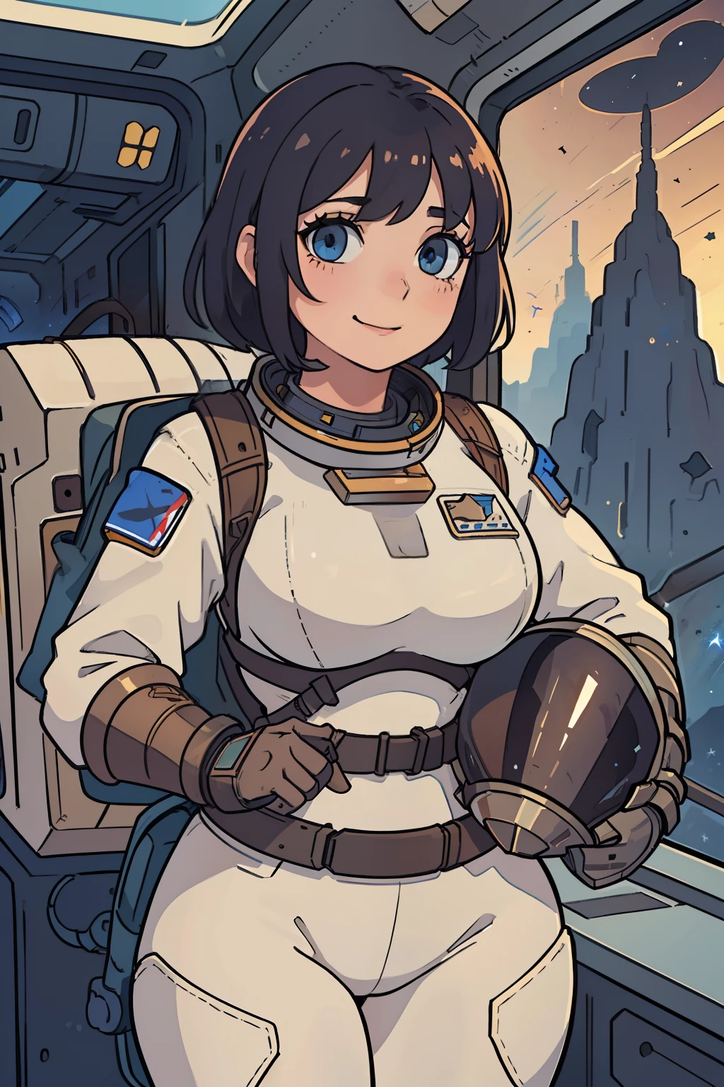 professional artwork, detailed eyes, beautiful eyes, beautiful face, flawless face, gorgeous face, smooth features, blush, short hair, very short hair, pixie cut, dark blue hair, unhelmeted head, beautifully detailed background, woman in armored space suit holding space helmet in her hands, space suit looks like knight armor, space suit, thick heavy space suit, environment suit, hoses and tubes on suit, dials and switches, space suit backpack, nasa, nasa punk, nasapunk, astronaut, cosmonaut, medieval knight, knight armor, leather armor and metal armor, mechanical background, sci fi, science fiction, futuristic, fantasy armor, full plate armor, medieval armor, knight helmet, knight visor, grilled faceplate, domed helmet, domed visor, large helmet, heavy collar, vacuum seal ring around neck, life support systems, rustic material, heavy stitching, thick leathers, armored breastplate, armored chest, leather gloves, rustic craftsmanship, adventurous, adventure, cute, smiling