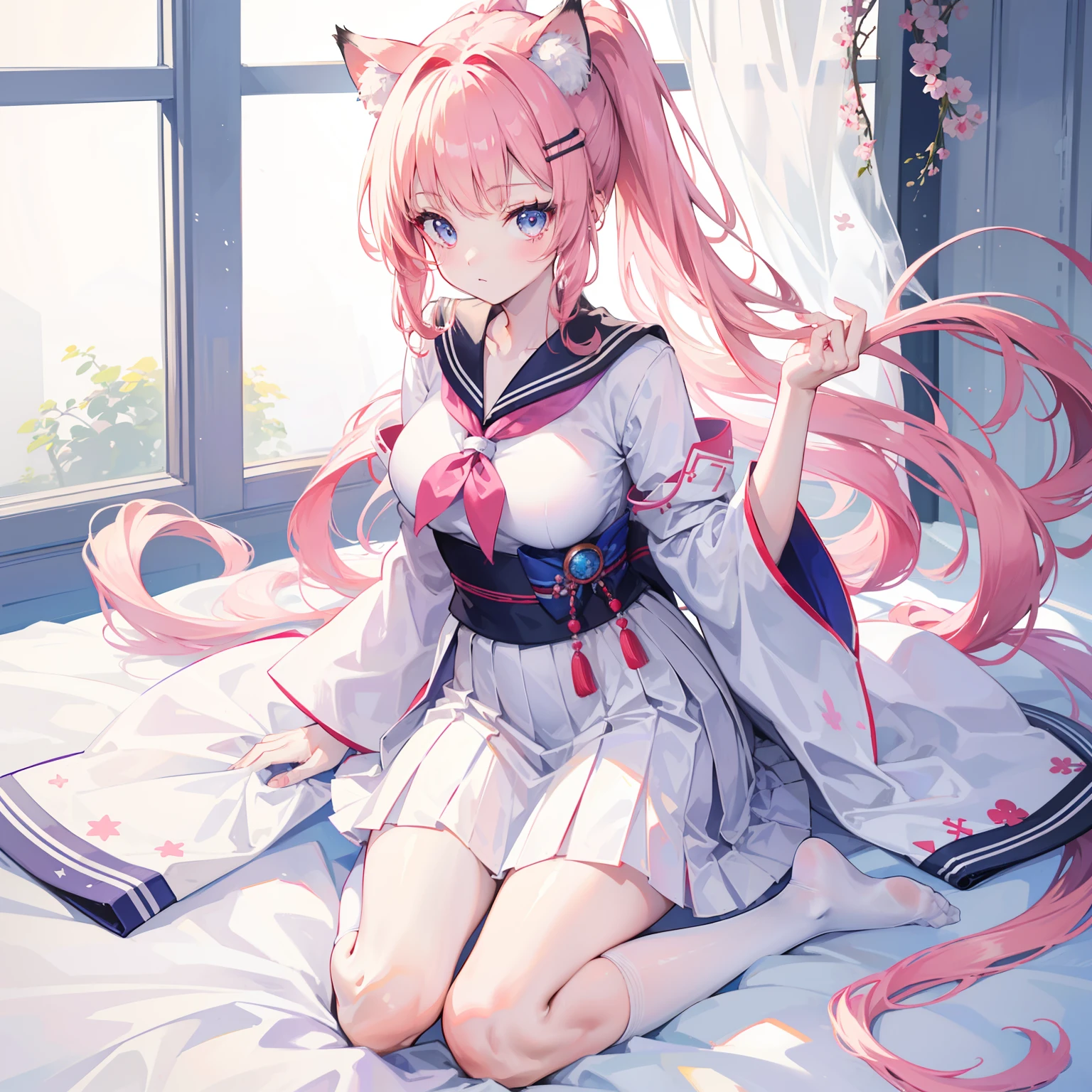 Very beautiful 18 year old girl wearing JK costume Japanese beauty uniform light hair big eyes super gorgeous details extreme picture quality full body photo Double ponytail hand touch hair shy expression gorgeous clothes Decorative white sailor suit Dark JK skirt cute two-dimensional small breast pure simple sweet girl wearing cat ears student