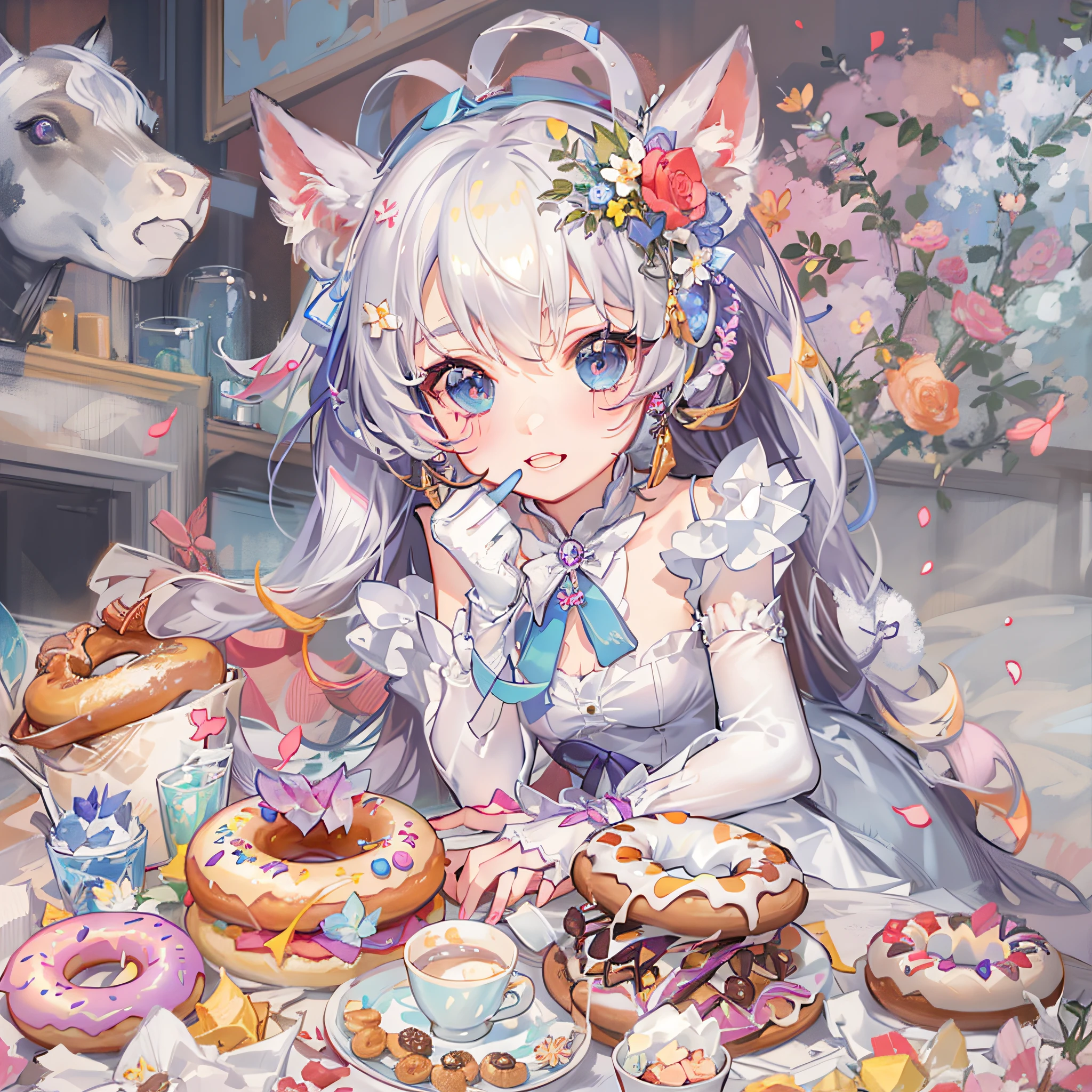 1 girl, Pale skin, Purple eyes, eyebrow, Ear, Lips, short blouse, Colorful hair，dual horsetail，Bow hair ornament，There are flowers on the head，Naughty，Confectionery，having fun，rejoice，All kinds of sweets，donut，